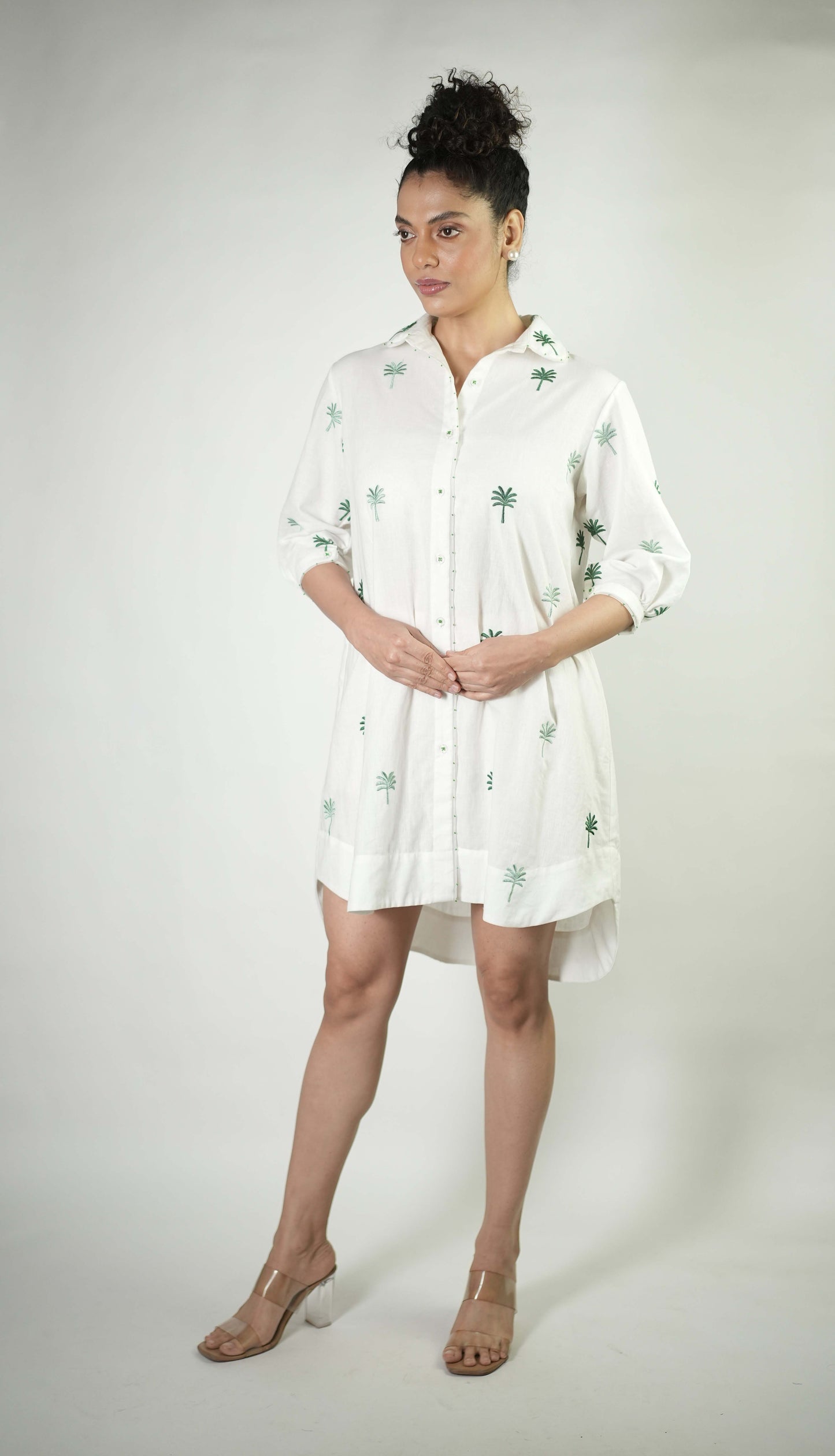 Palm tree embroidered shirt dress