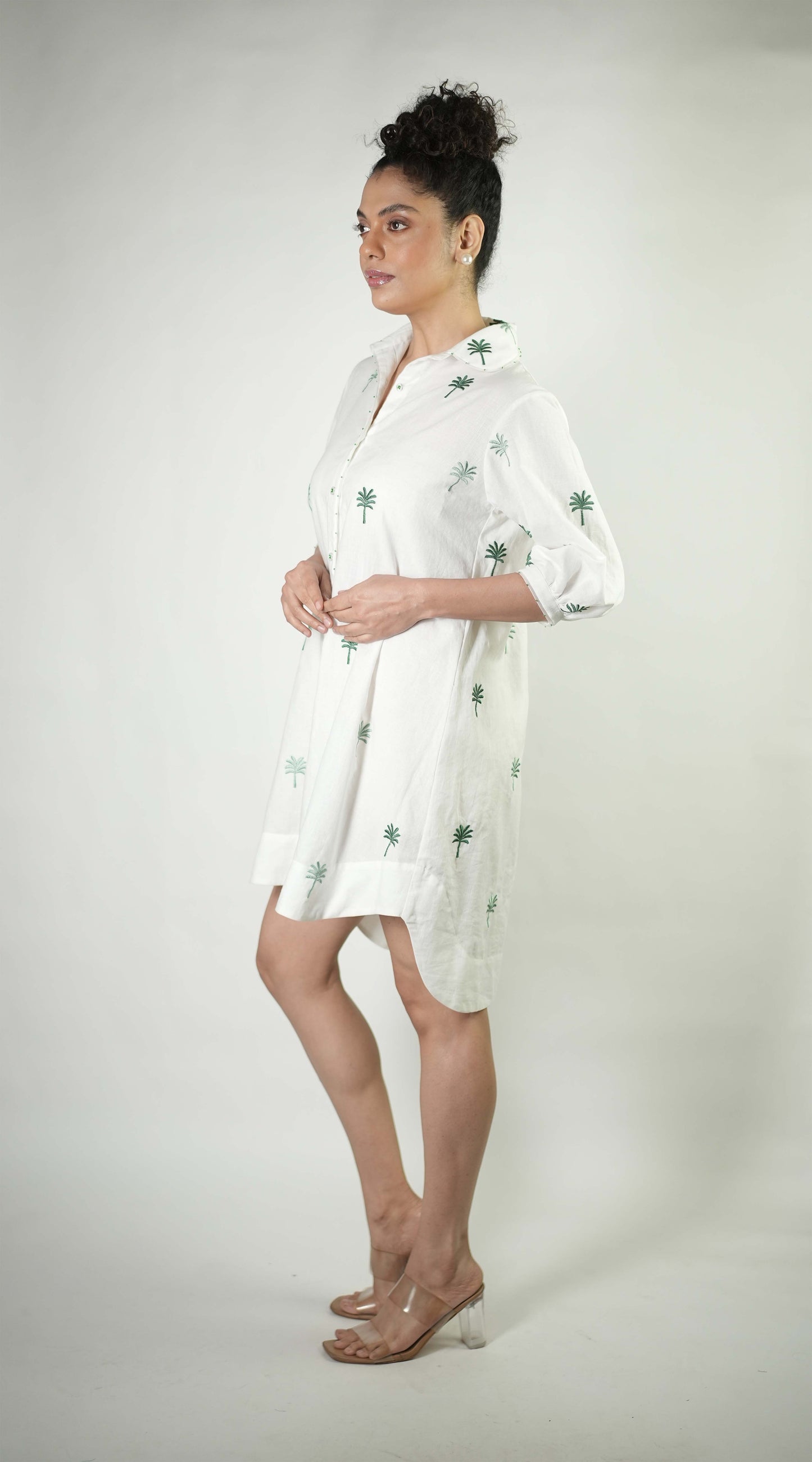 Palm tree embroidered shirt dress