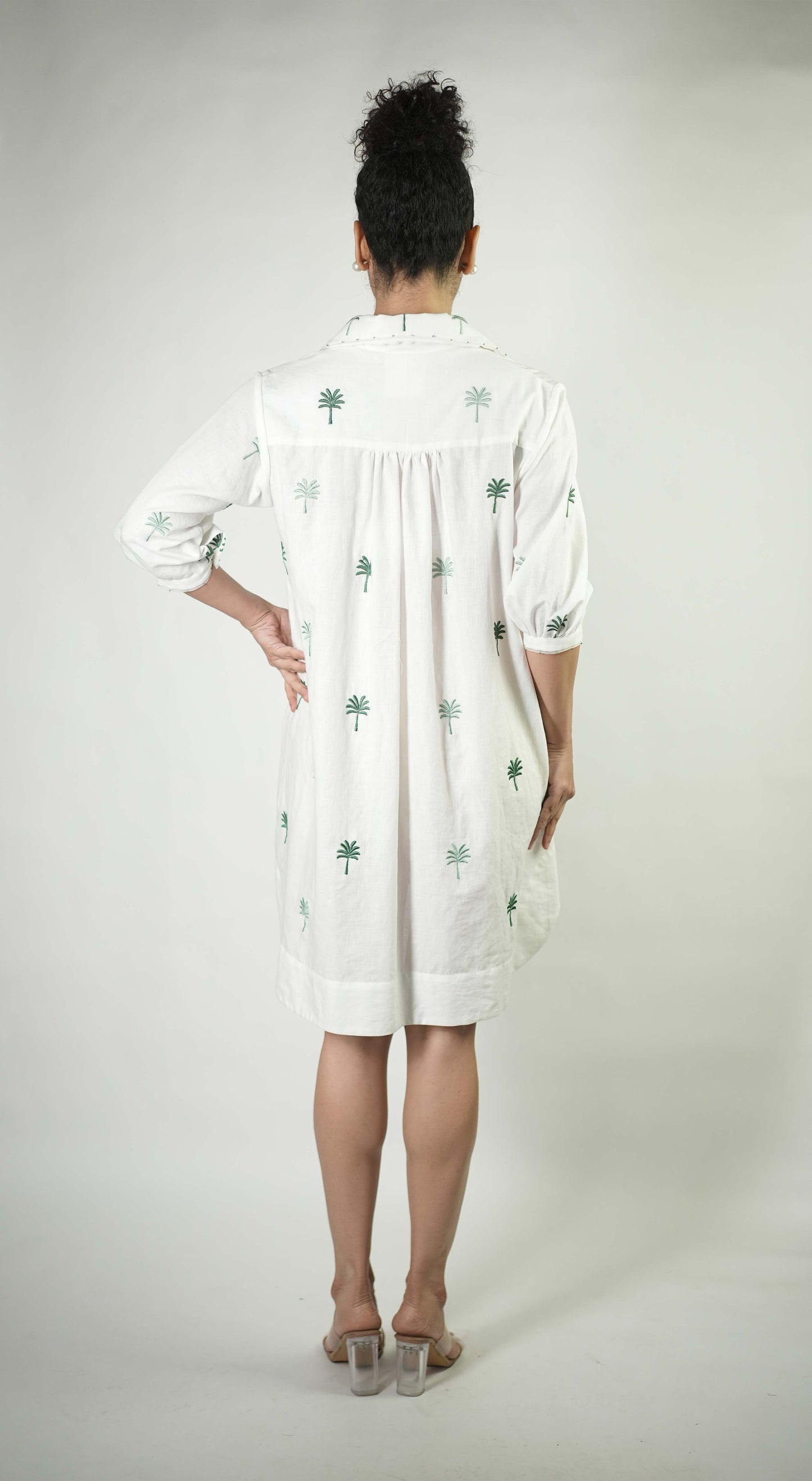 Palm tree embroidered shirt dress