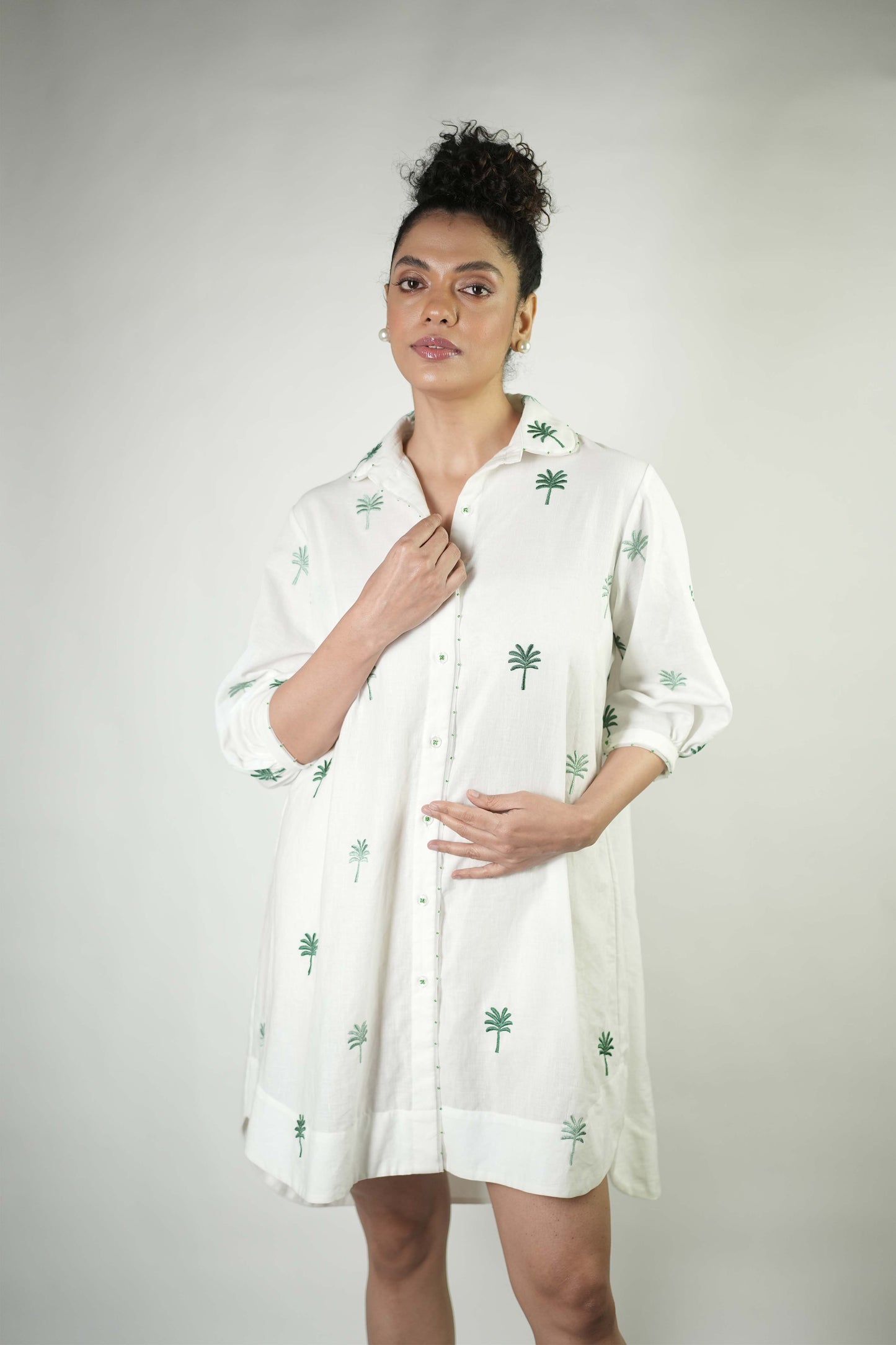 Palm tree embroidered shirt dress