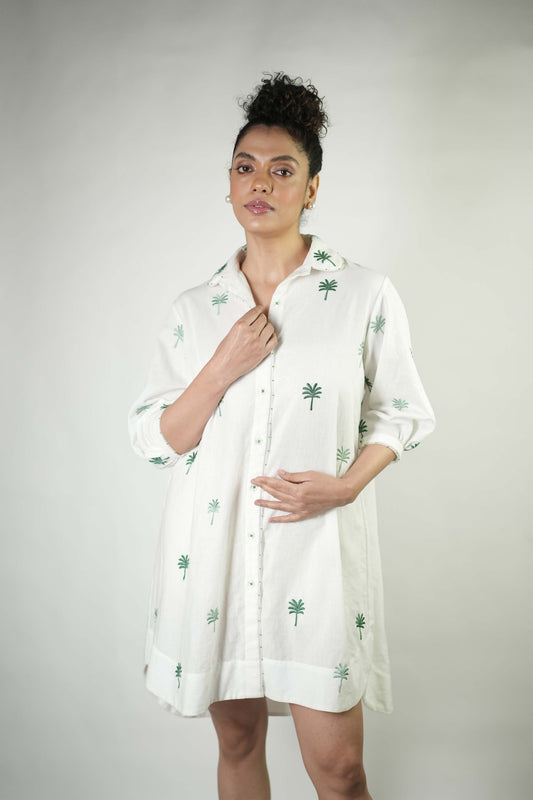 Palm tree embroidered shirt dress