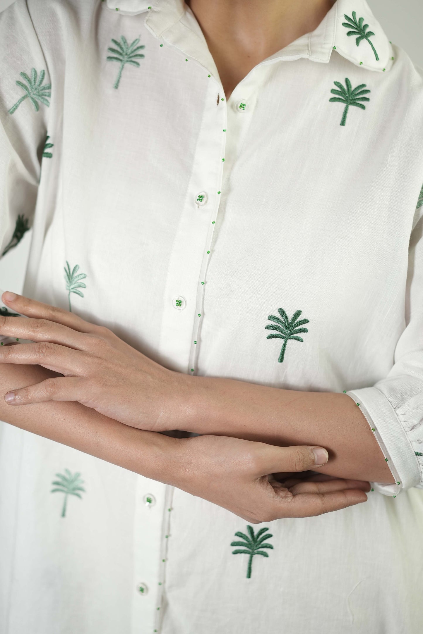 Palm tree embroidered shirt dress