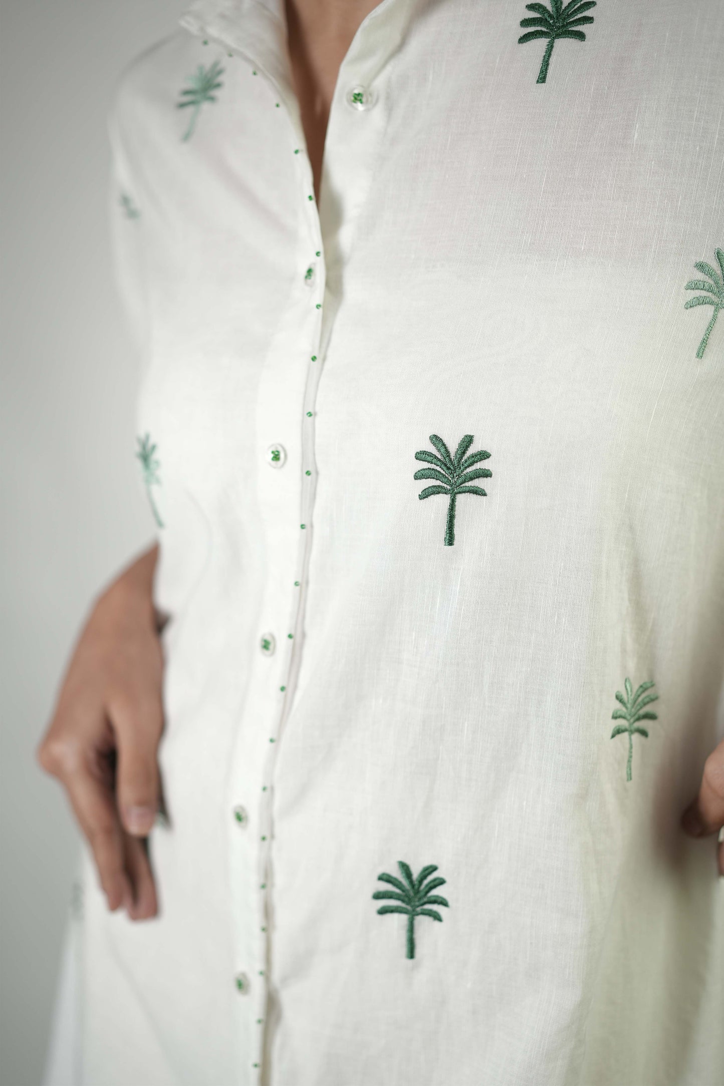 Palm tree embroidered shirt dress