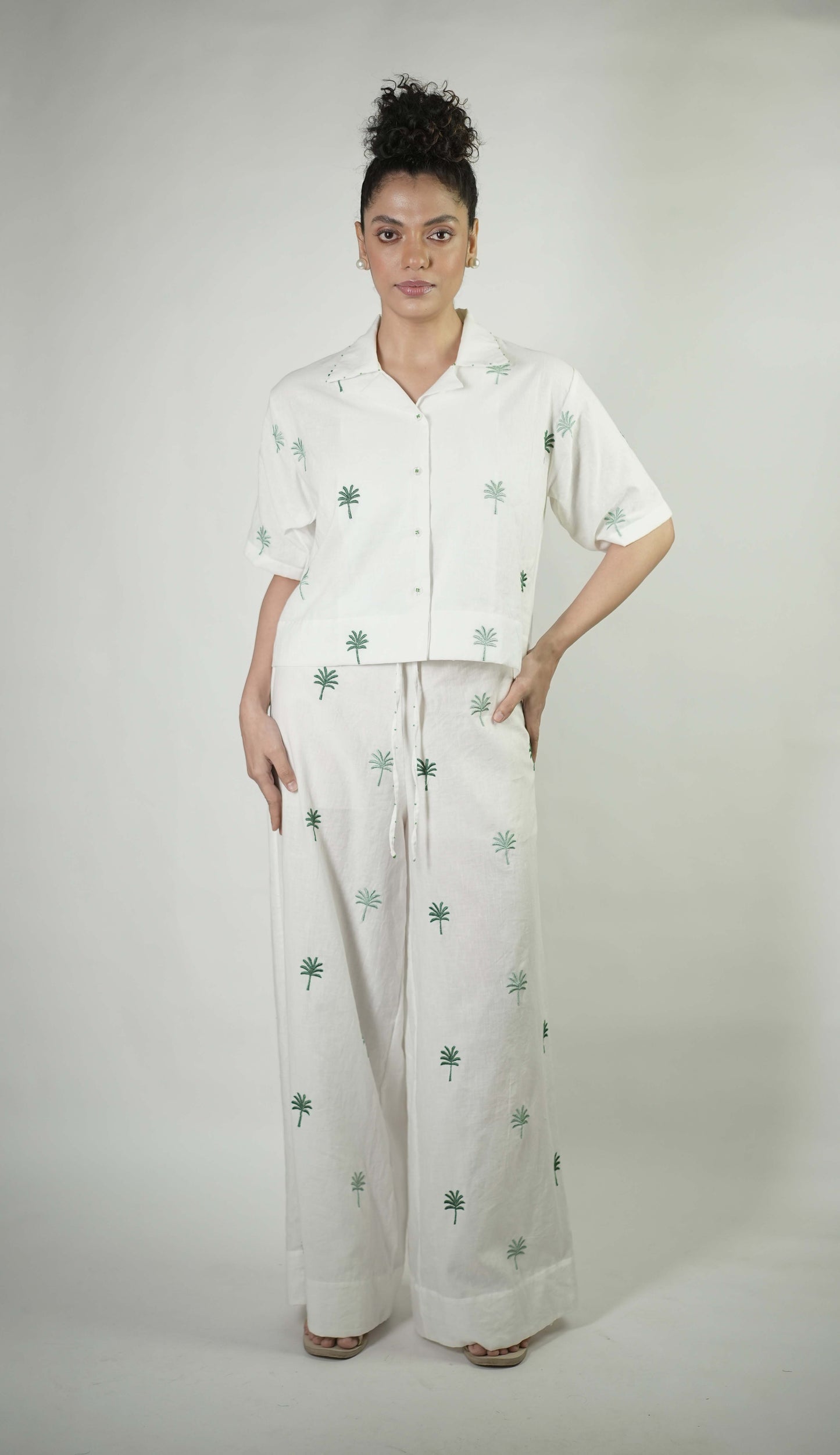 White linen palm tree embroidered coord set