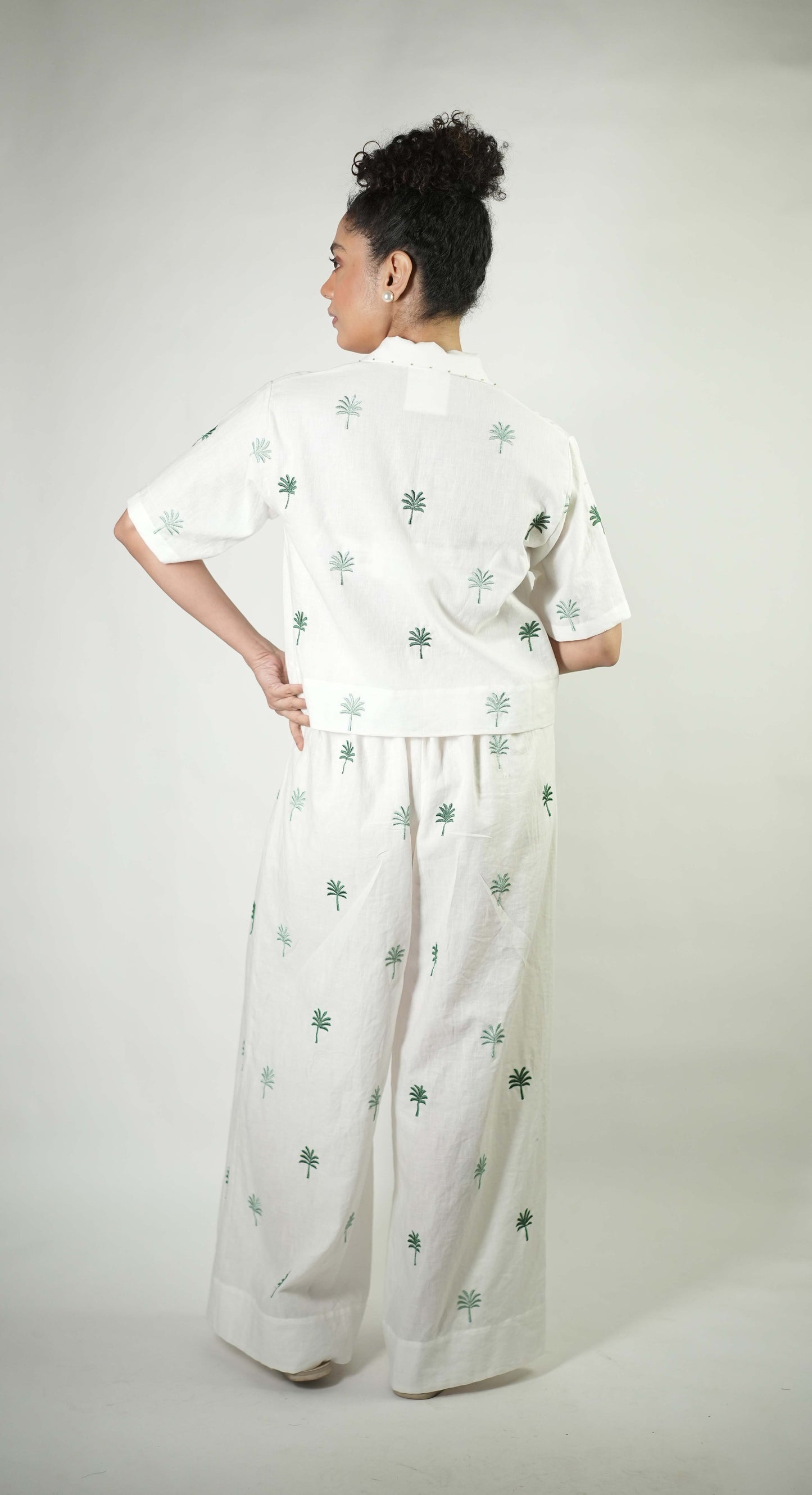 White linen palm tree embroidered coord set