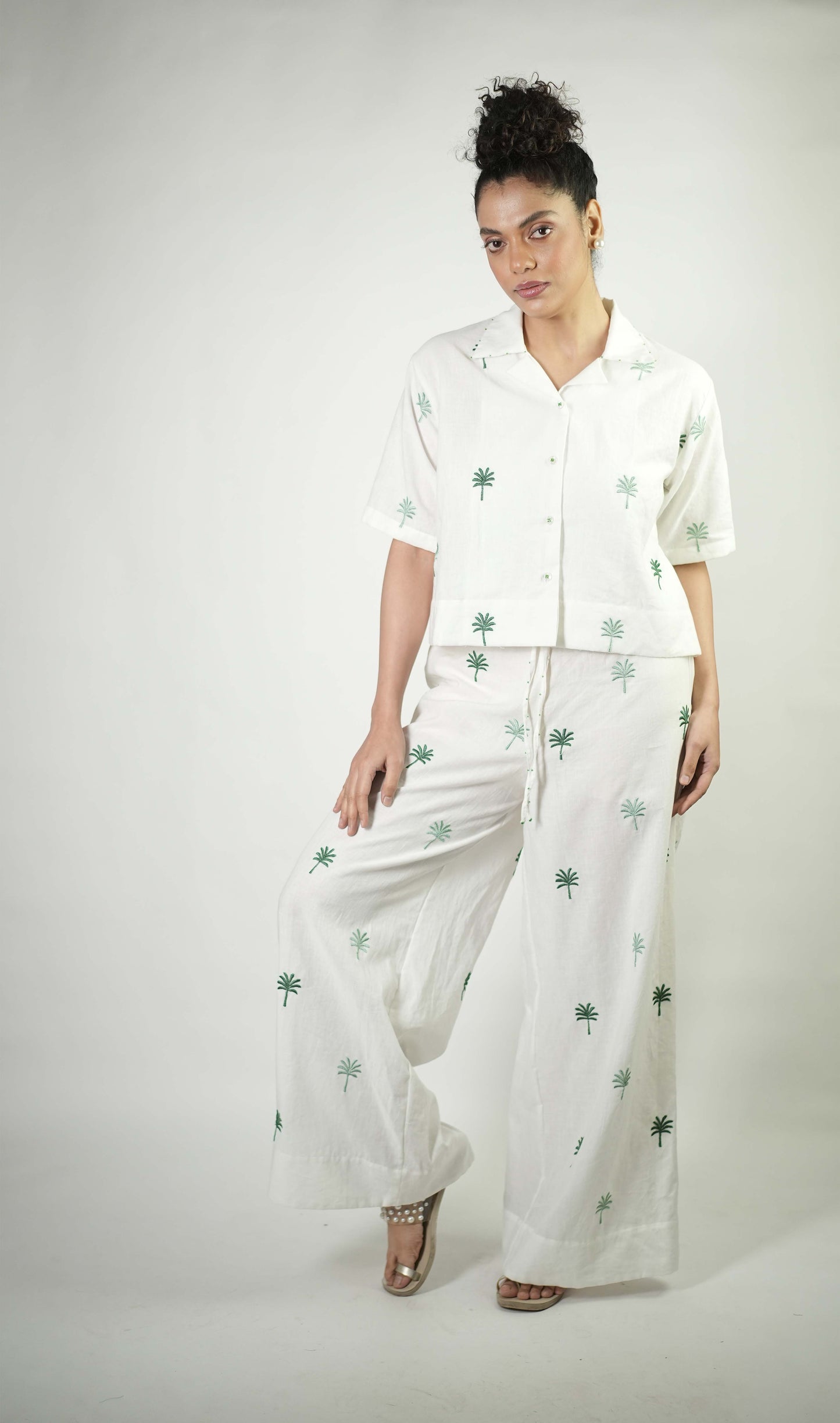 White linen palm tree embroidered coord set