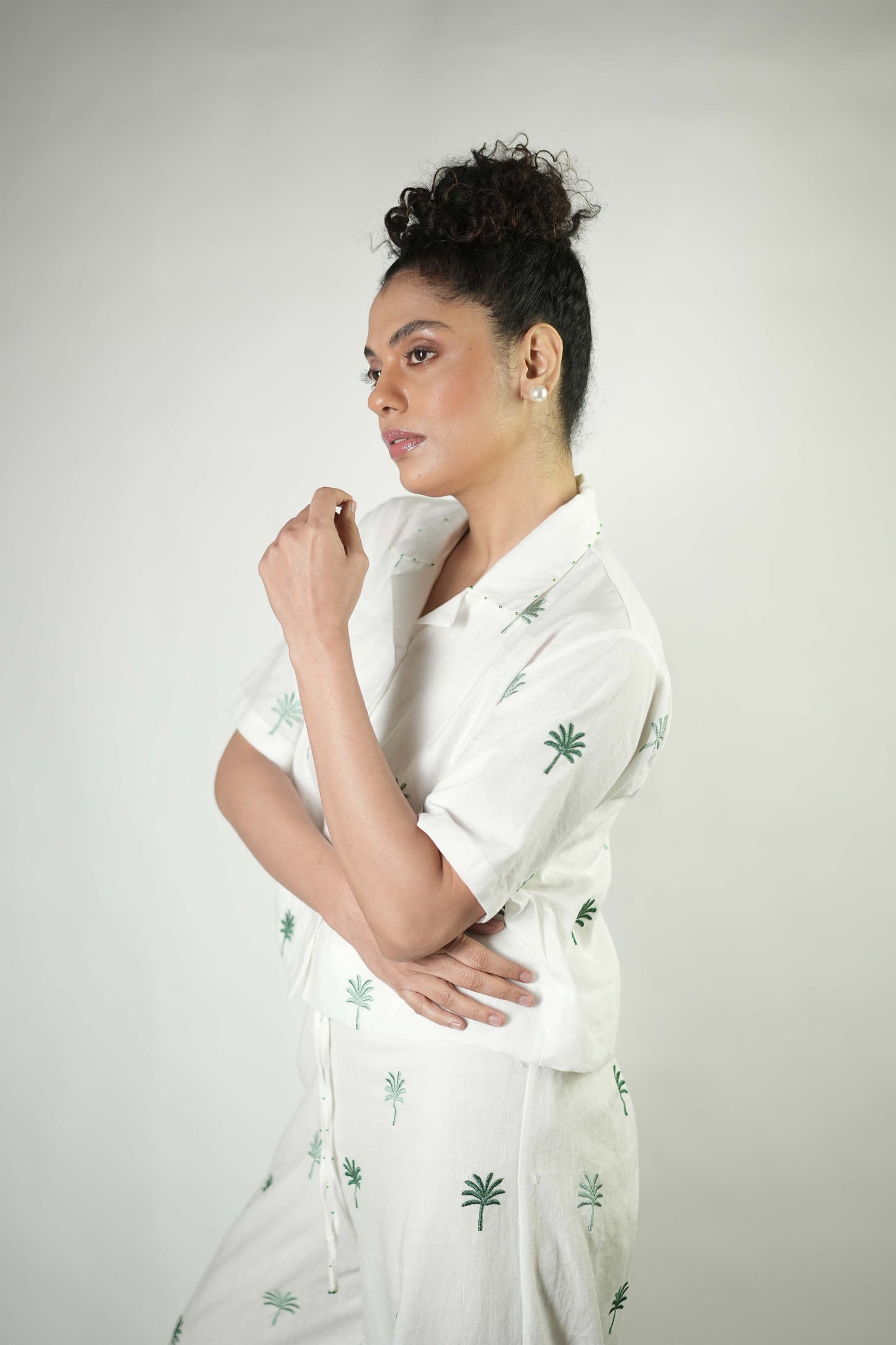 White linen palm tree embroidered coord set
