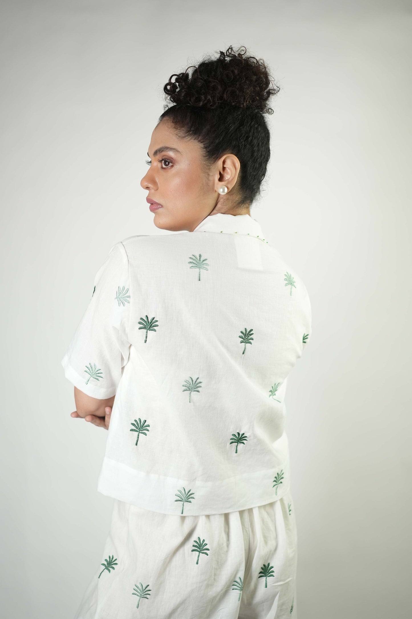 White linen palm tree embroidered coord set