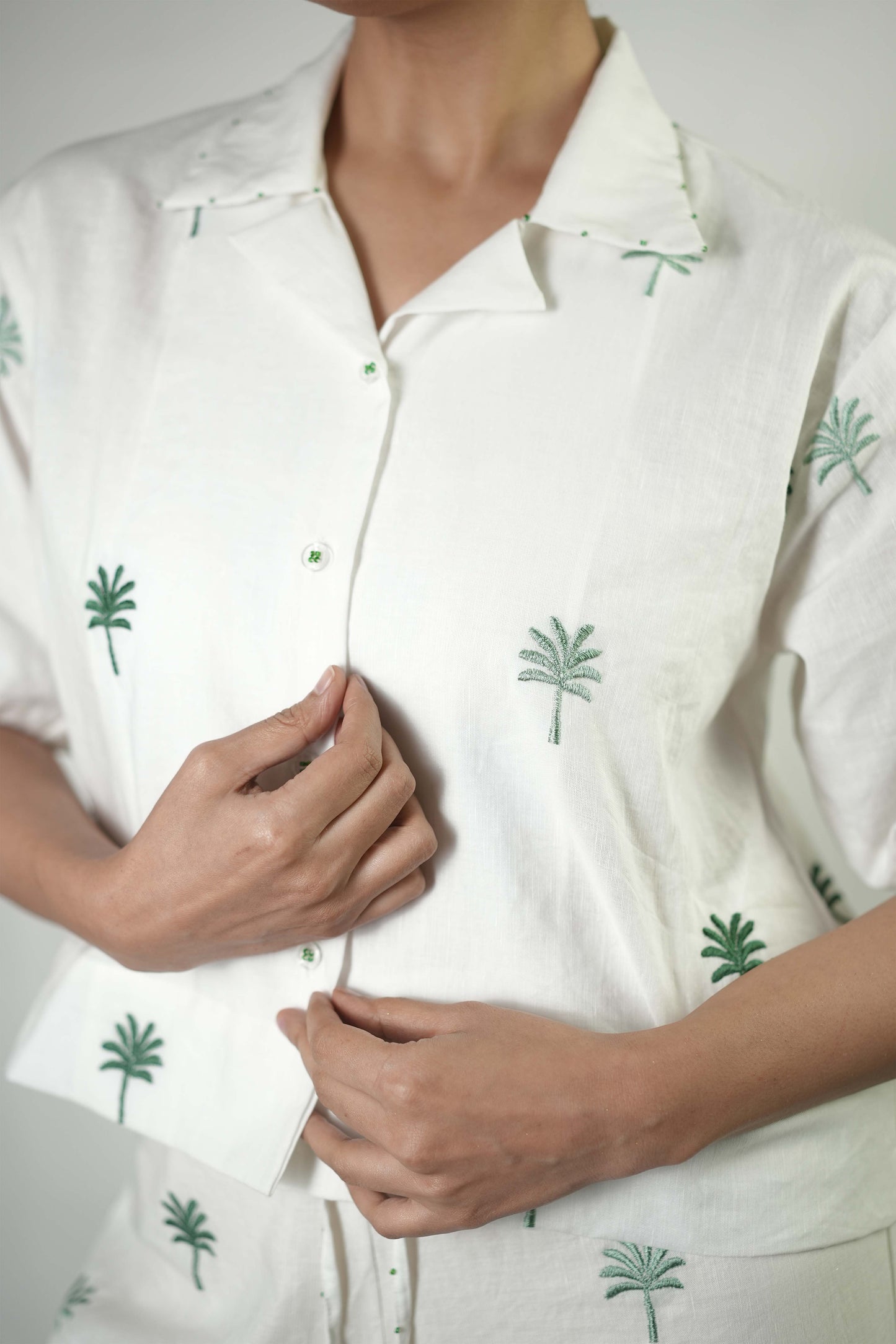 White linen palm tree embroidered coord set