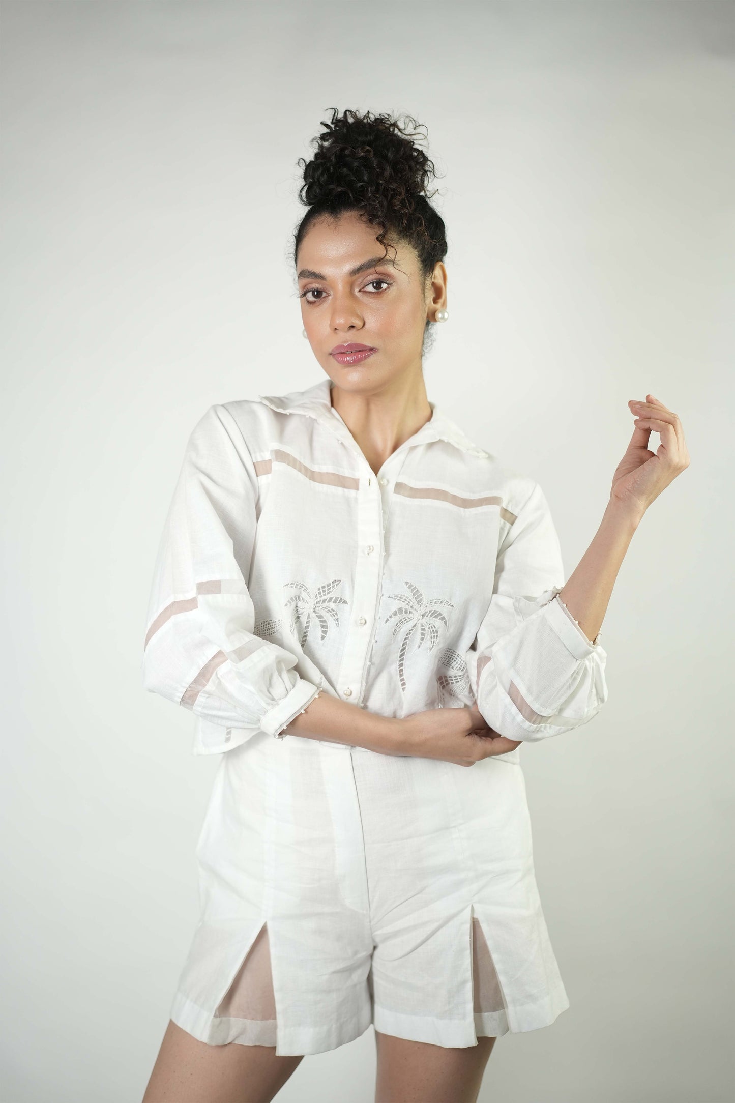 White linen cropped shirt and shorts coord set