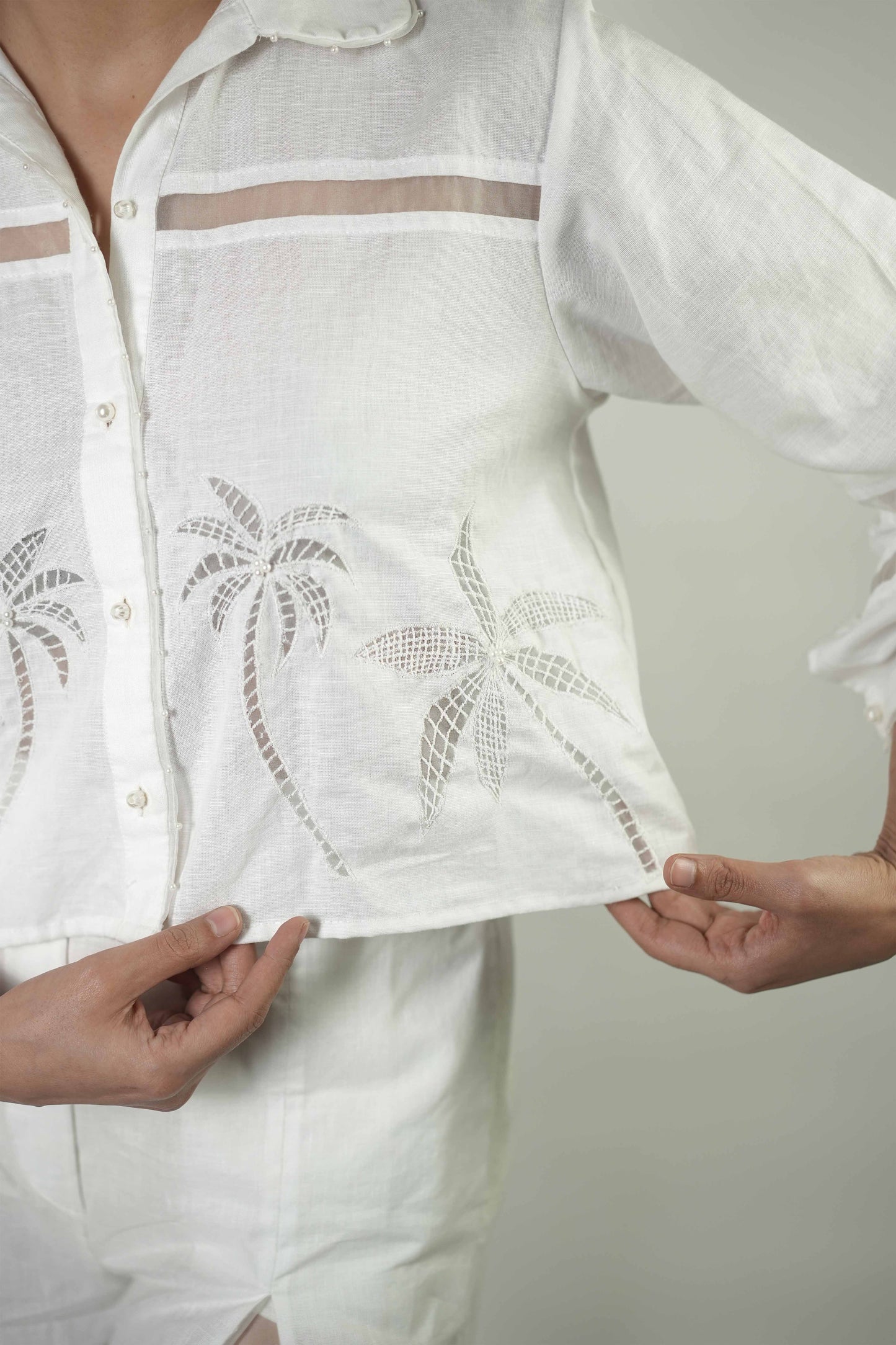 White linen cropped shirt and shorts coord set