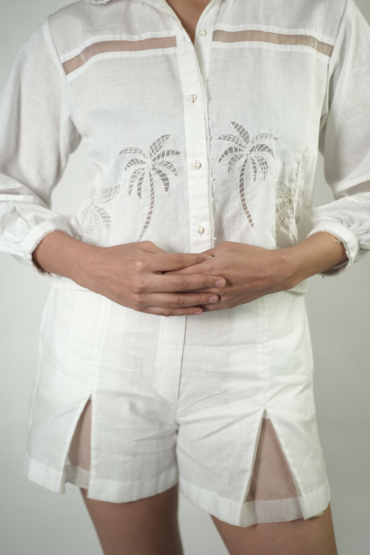 White linen cropped shirt and shorts coord set