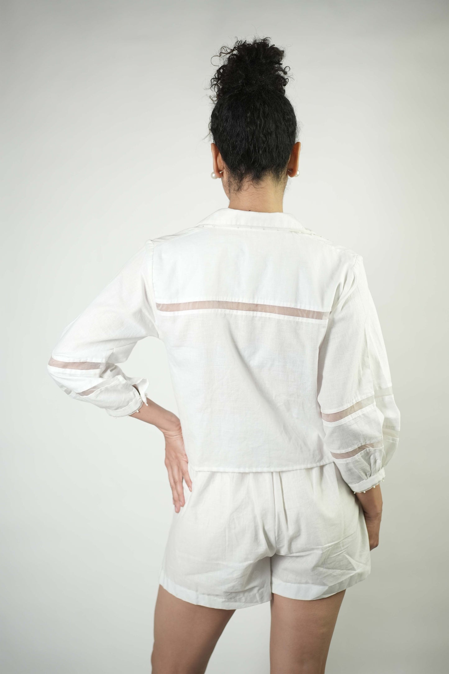 White linen cropped shirt and shorts coord set