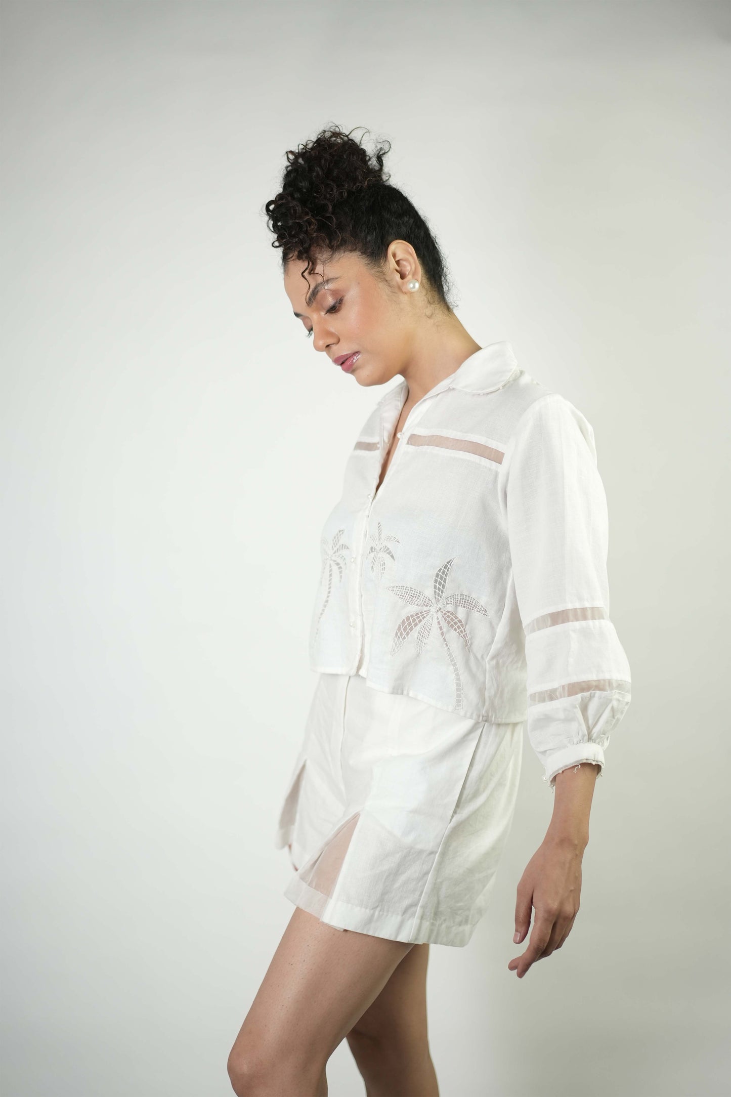 White linen cropped shirt and shorts coord set