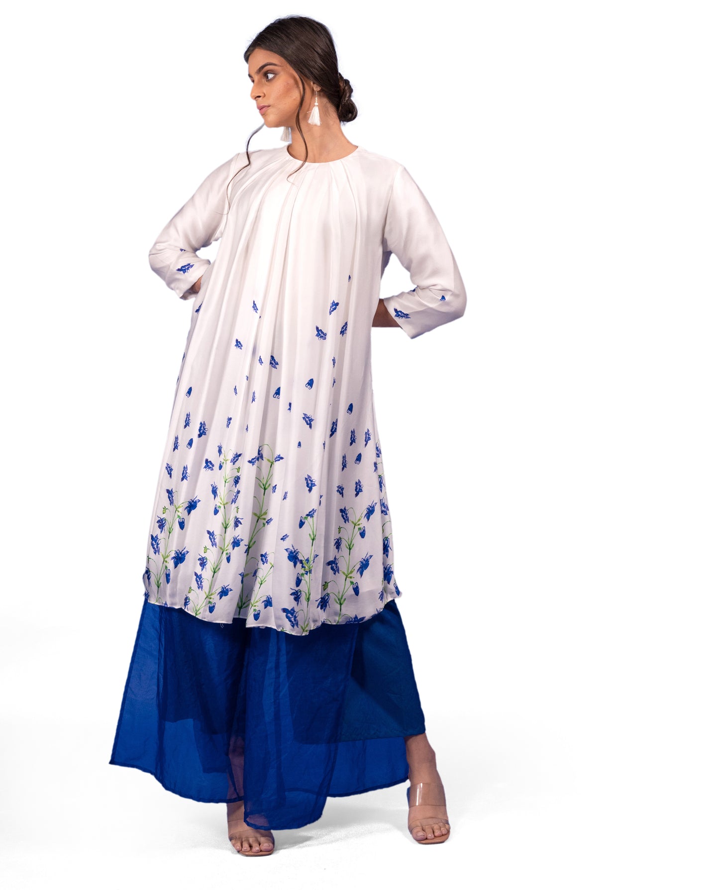 CLITORIA FLOWER PRINTED PLEATED AT THE NECK TUNIC WITH ORGANZA LAYERED TROUSERS