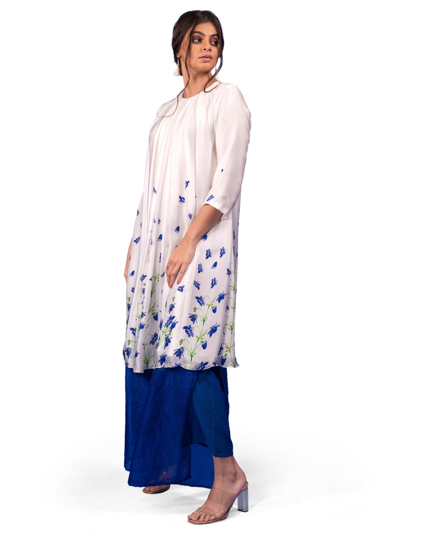 CLITORIA FLOWER PRINTED PLEATED AT THE NECK TUNIC WITH ORGANZA LAYERED TROUSERS