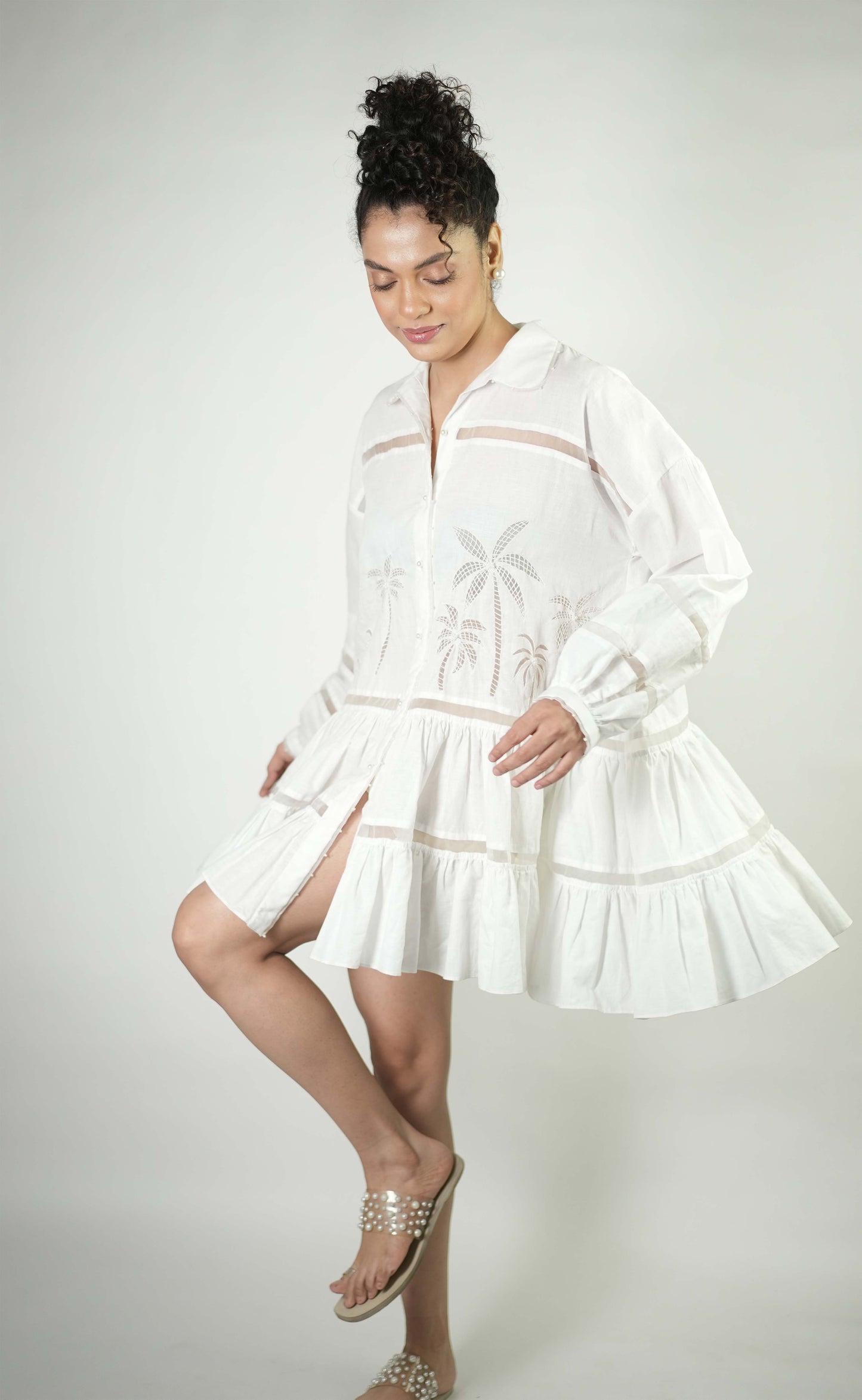 Palm tree embroidered linen tiered dress