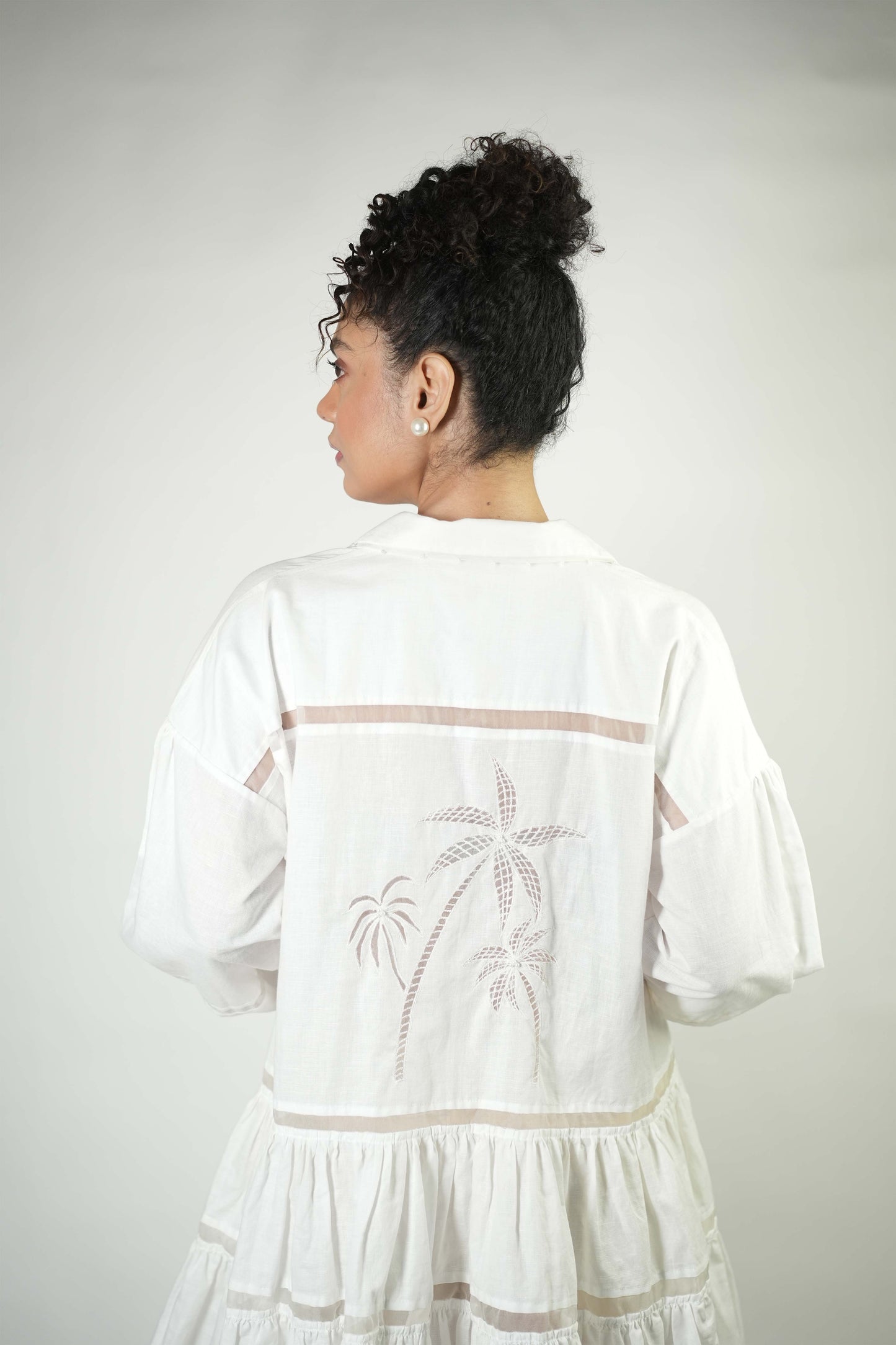 Palm tree embroidered linen tiered dress