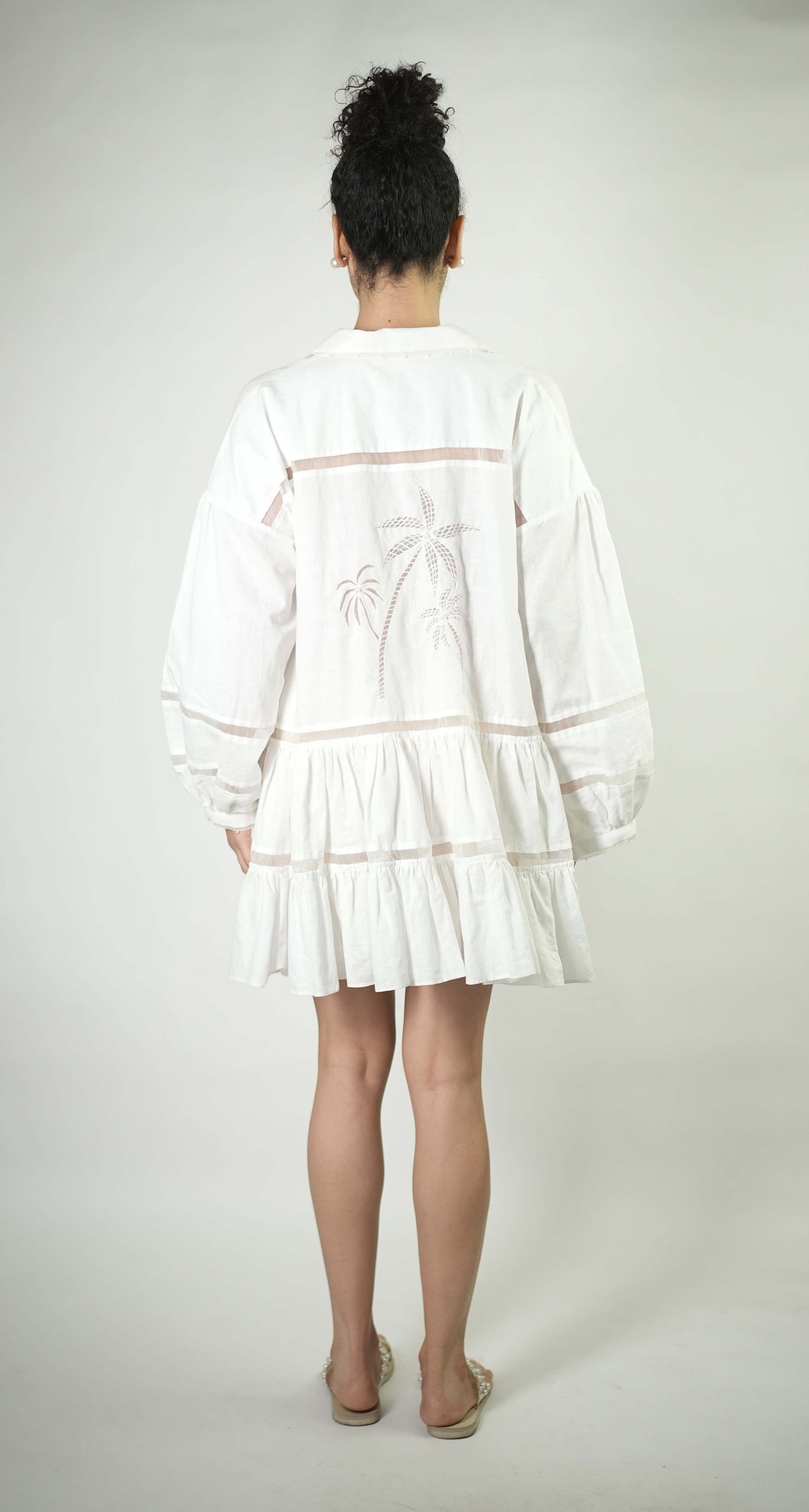 Palm tree embroidered linen tiered dress