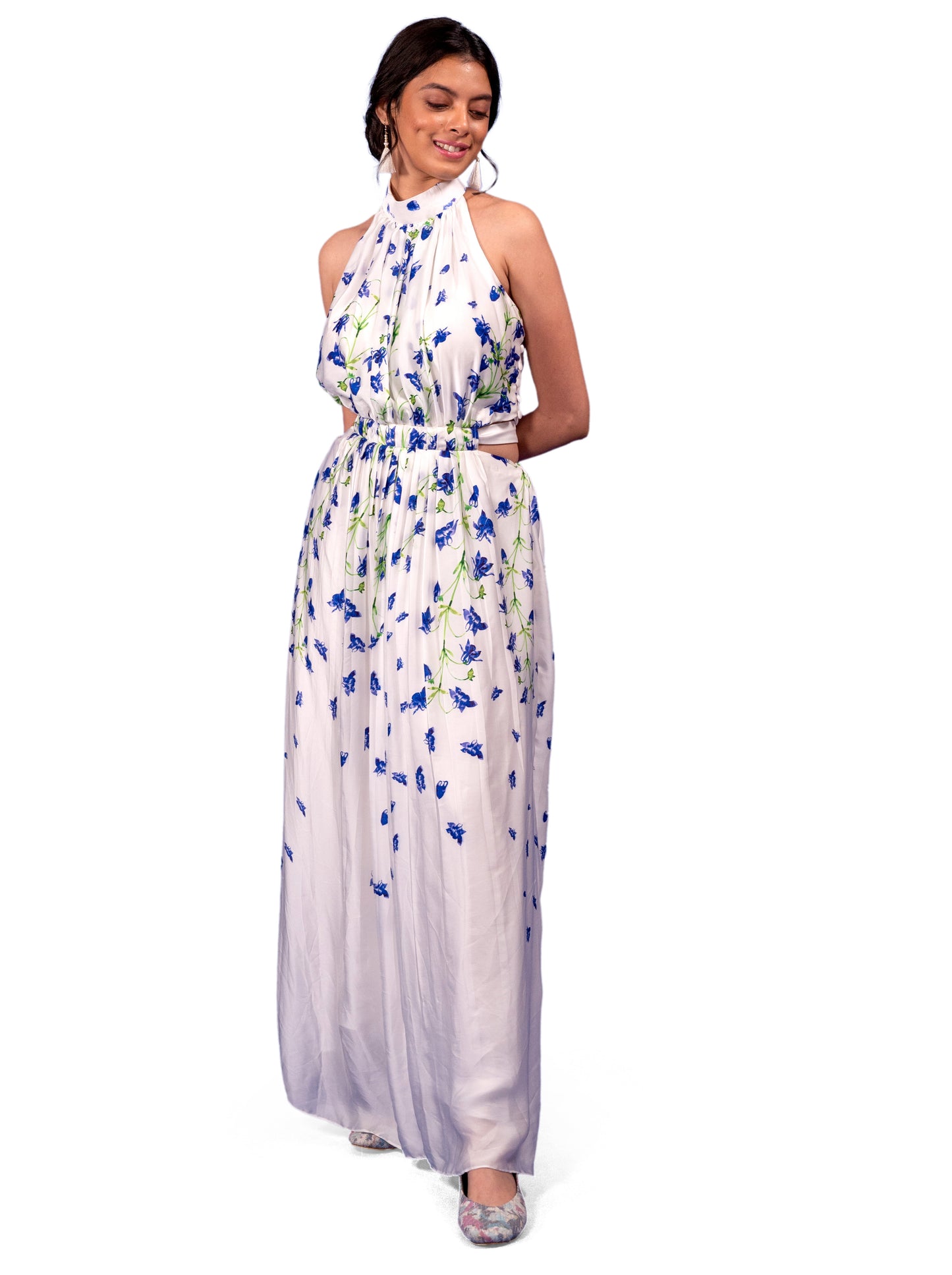 CLITORIA FLOWER PRINTED HALTER NECK DRESS