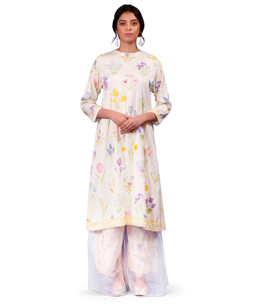 ASSORTED FLORAL PRINTED EMBROIDERED KURTA WITH ORGANZA LAYERED PRINTED PALAZZO COORD