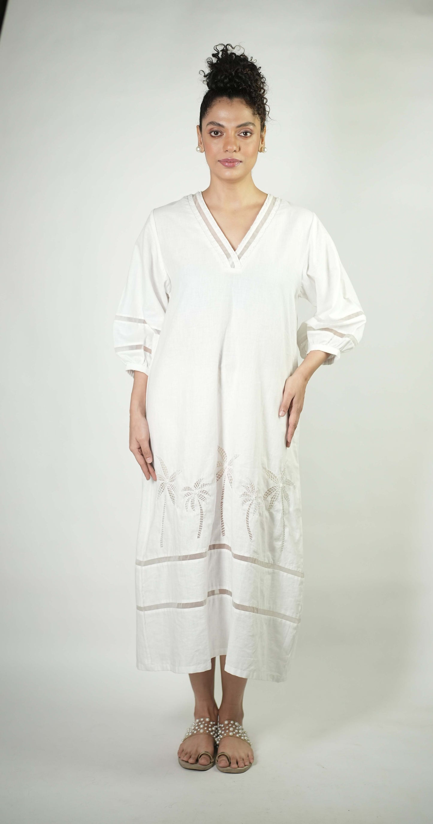 Palm tree embroidered A line dress