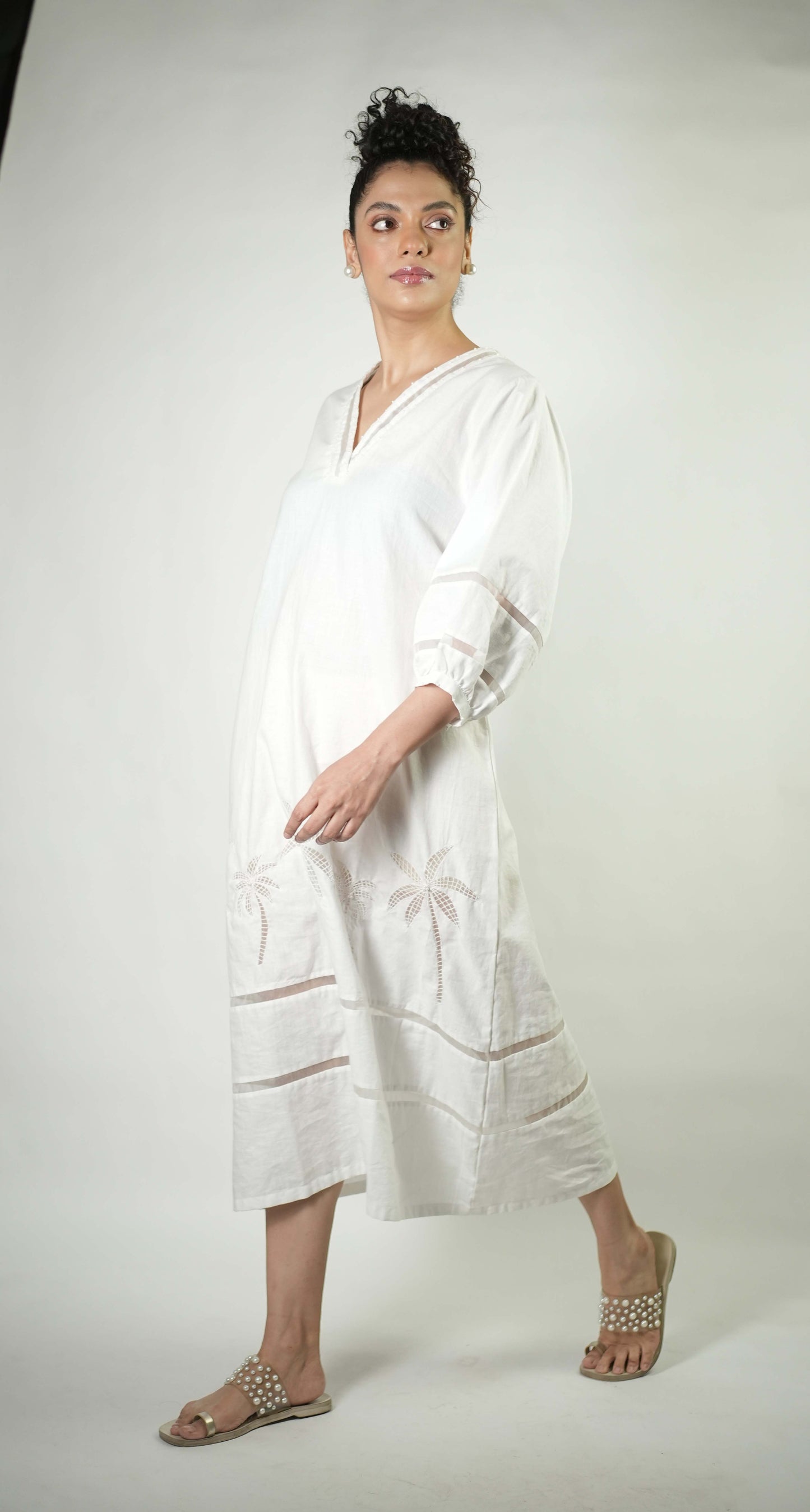 Palm tree embroidered A line dress