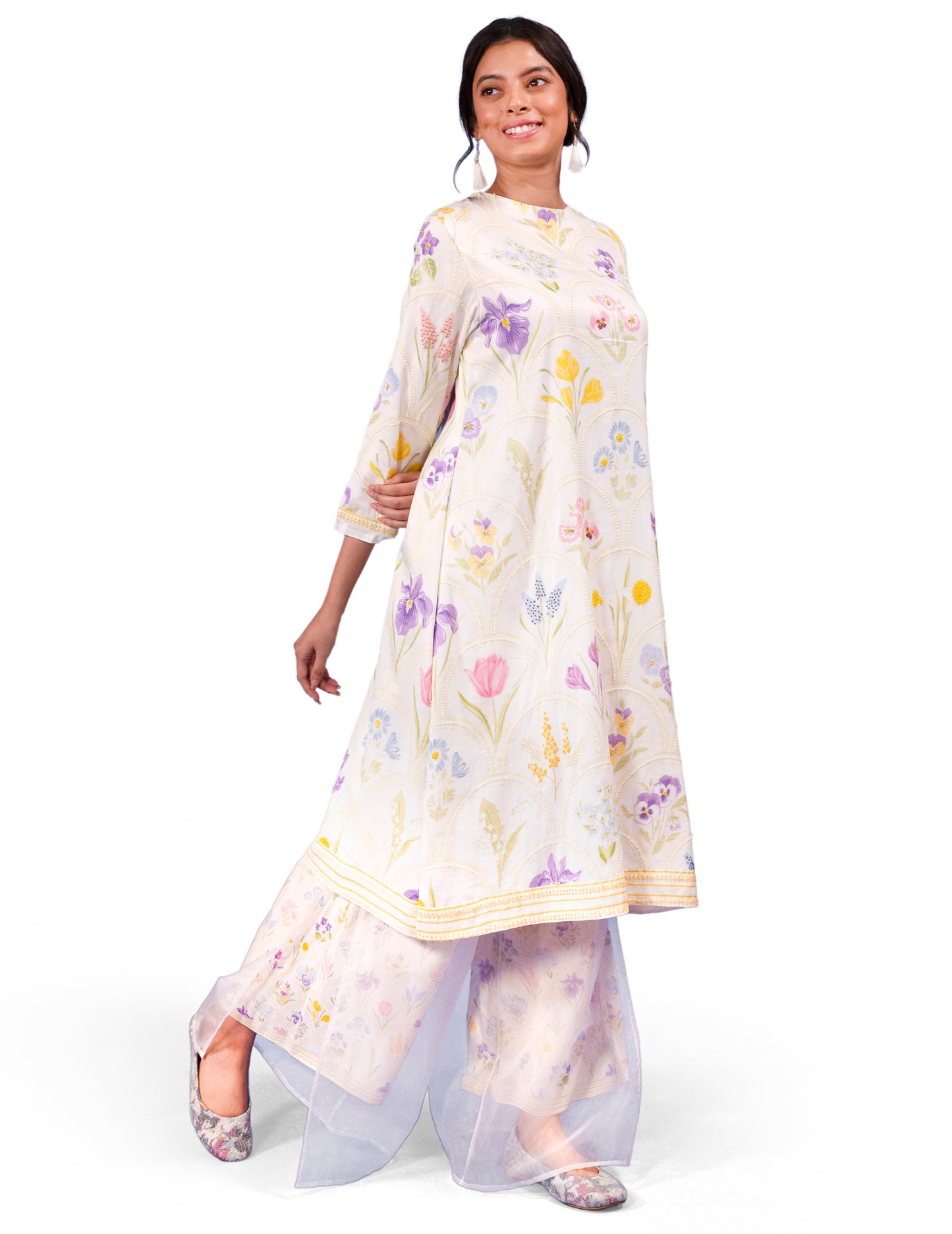 ASSORTED FLORAL PRINTED EMBROIDERED KURTA WITH ORGANZA LAYERED PRINTED PALAZZO COORD