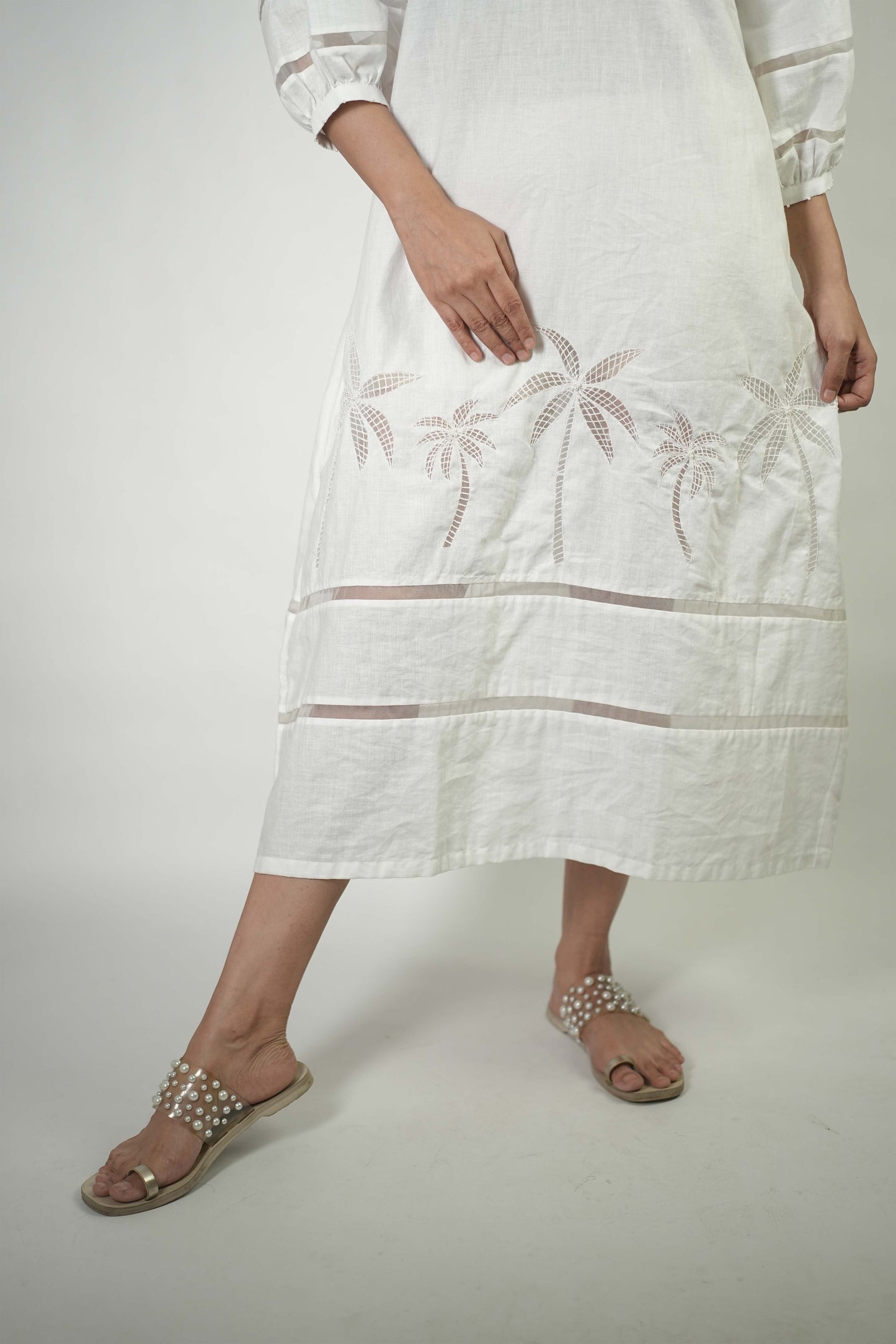Palm tree embroidered A line dress