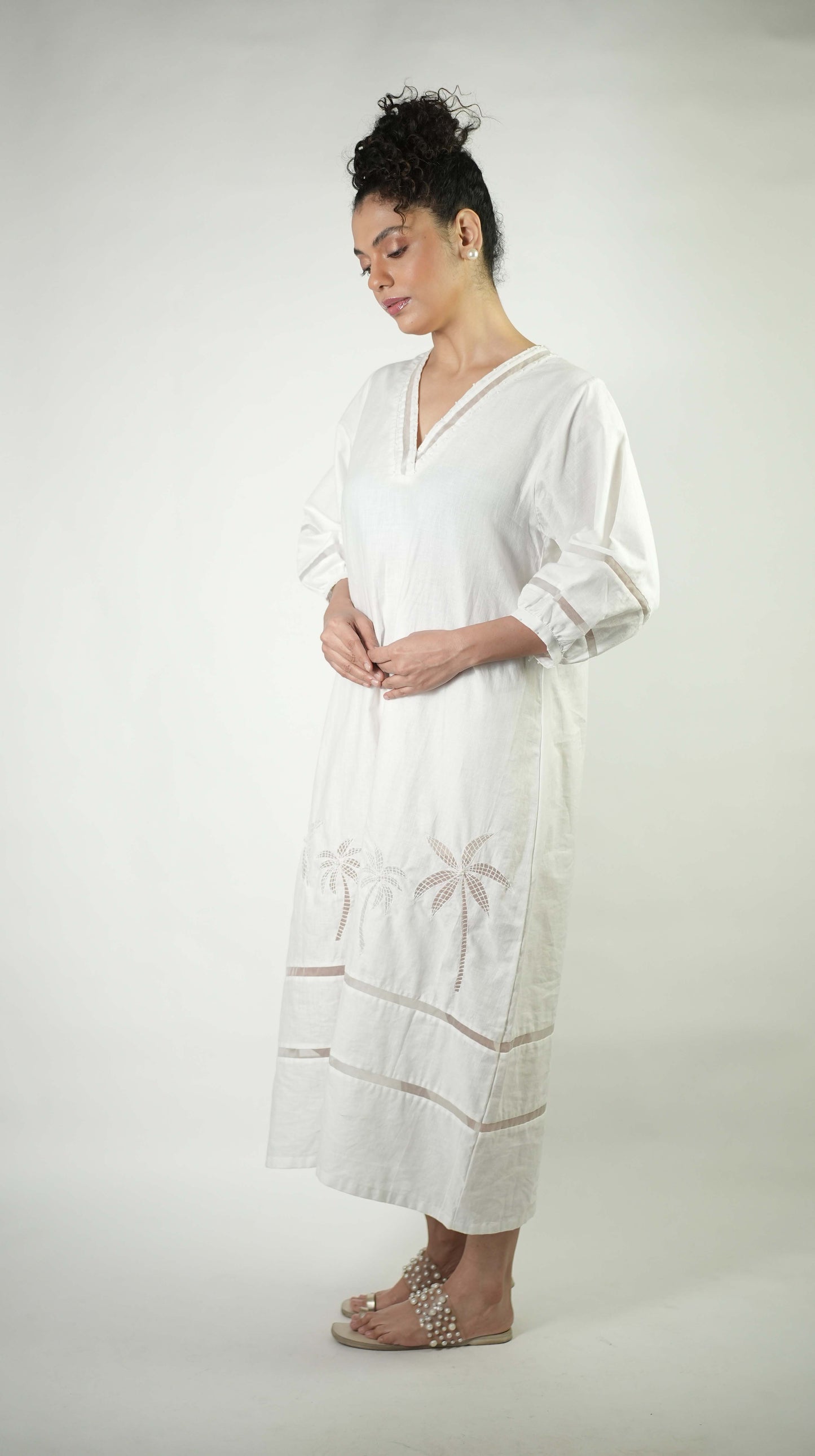 Palm tree embroidered A line dress