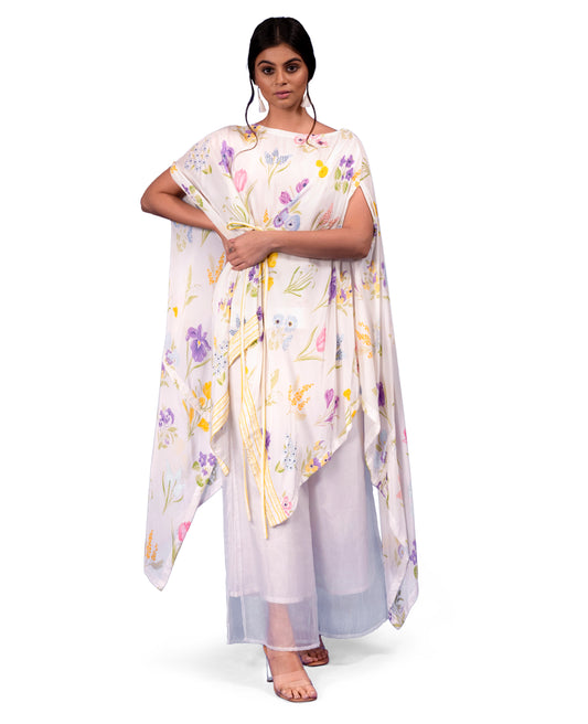 ASSORTED FLORAL PRINTED CAPE STYLE TUNIC WITH EMBROIDERY DETAILING TEAMED WITH ORGANZA LAYERED TROUSERS