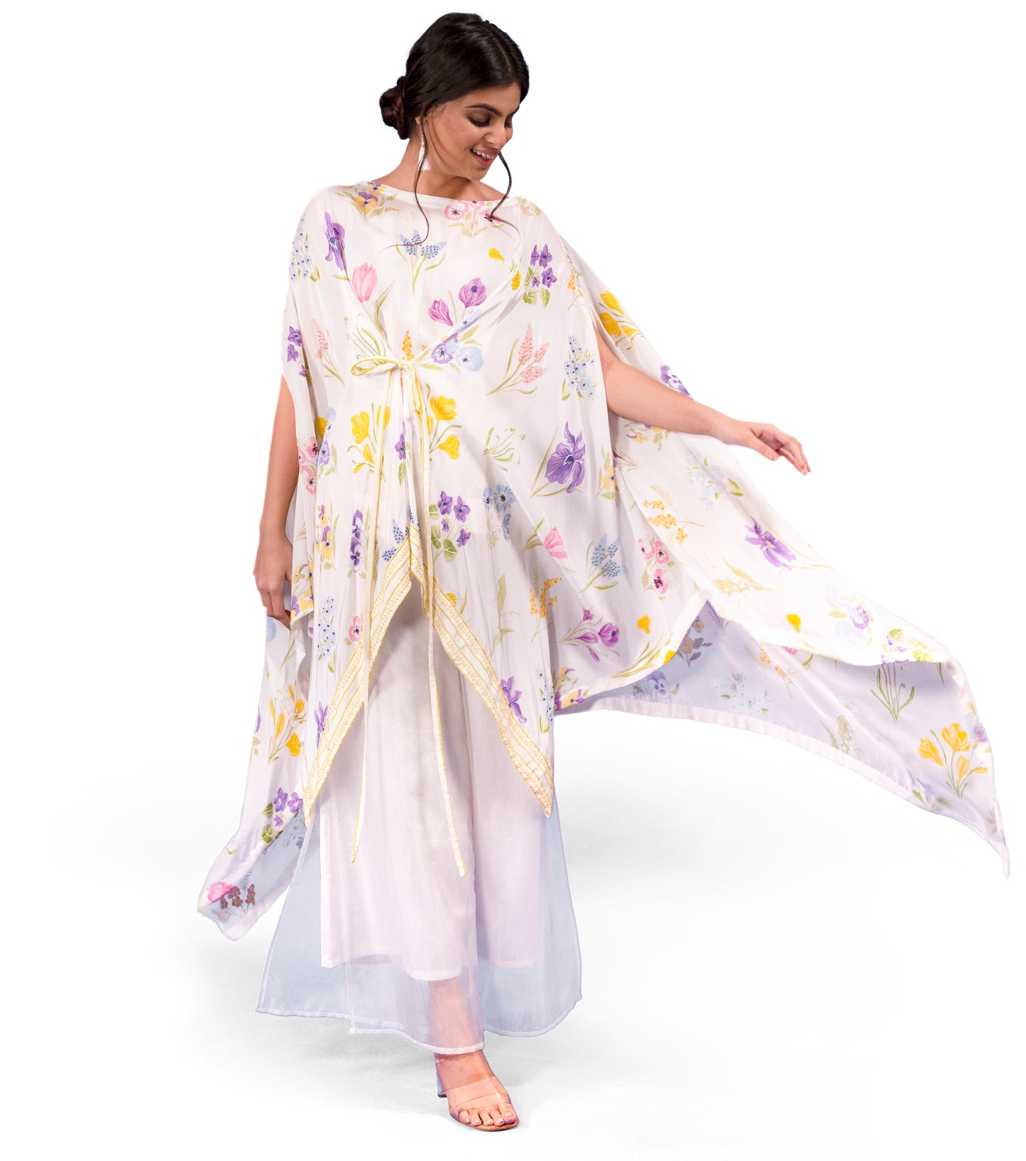 ASSORTED FLORAL PRINTED CAPE STYLE TUNIC WITH EMBROIDERY DETAILING TEAMED WITH ORGANZA LAYERED TROUSERS