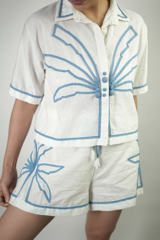 Hand stitched palm tree motif linen shirt