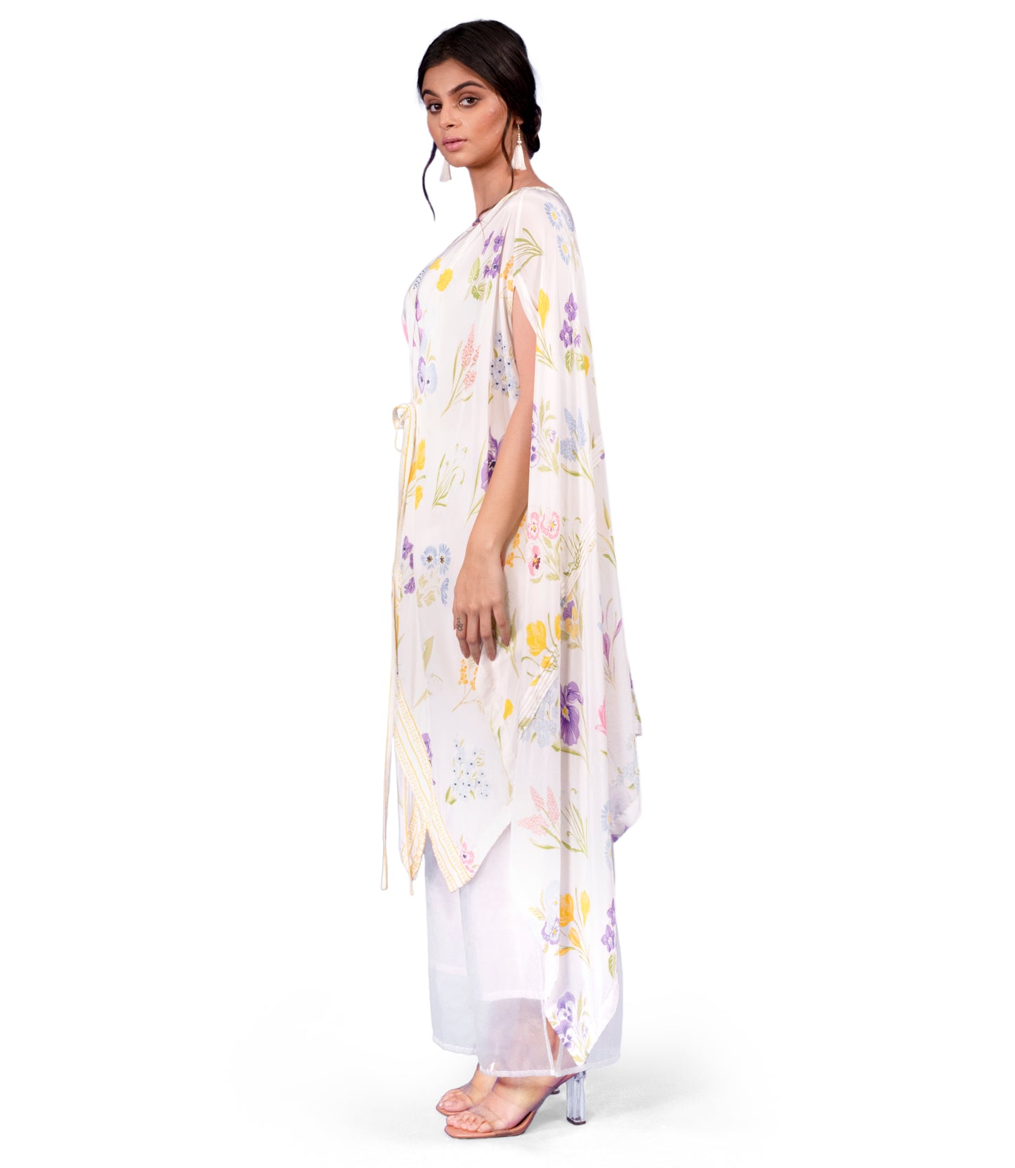 ASSORTED FLORAL PRINTED CAPE STYLE TUNIC WITH EMBROIDERY DETAILING TEAMED WITH ORGANZA LAYERED TROUSERS