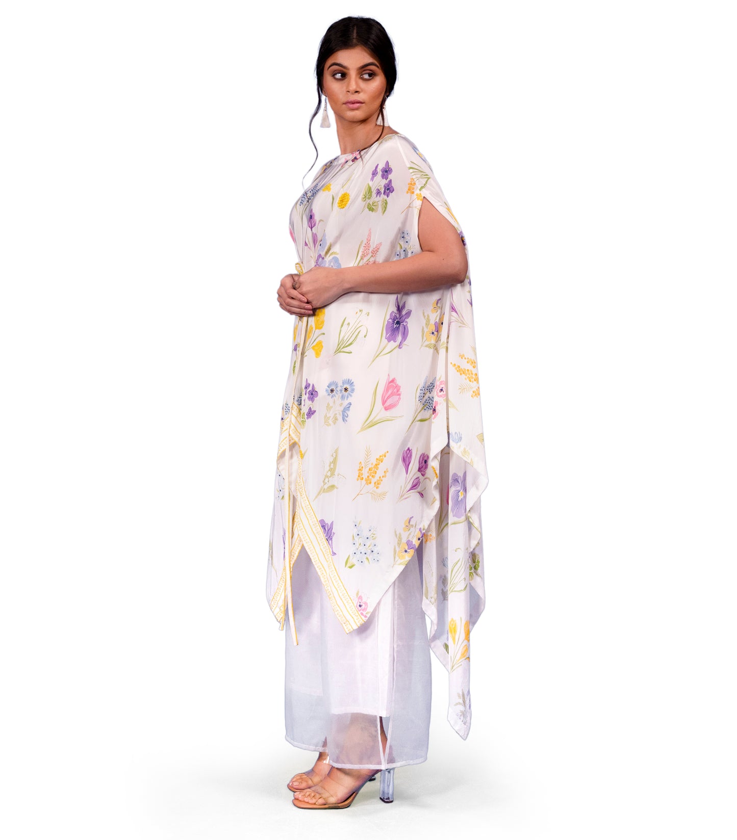 ASSORTED FLORAL PRINTED CAPE STYLE TUNIC WITH EMBROIDERY DETAILING TEAMED WITH ORGANZA LAYERED TROUSERS