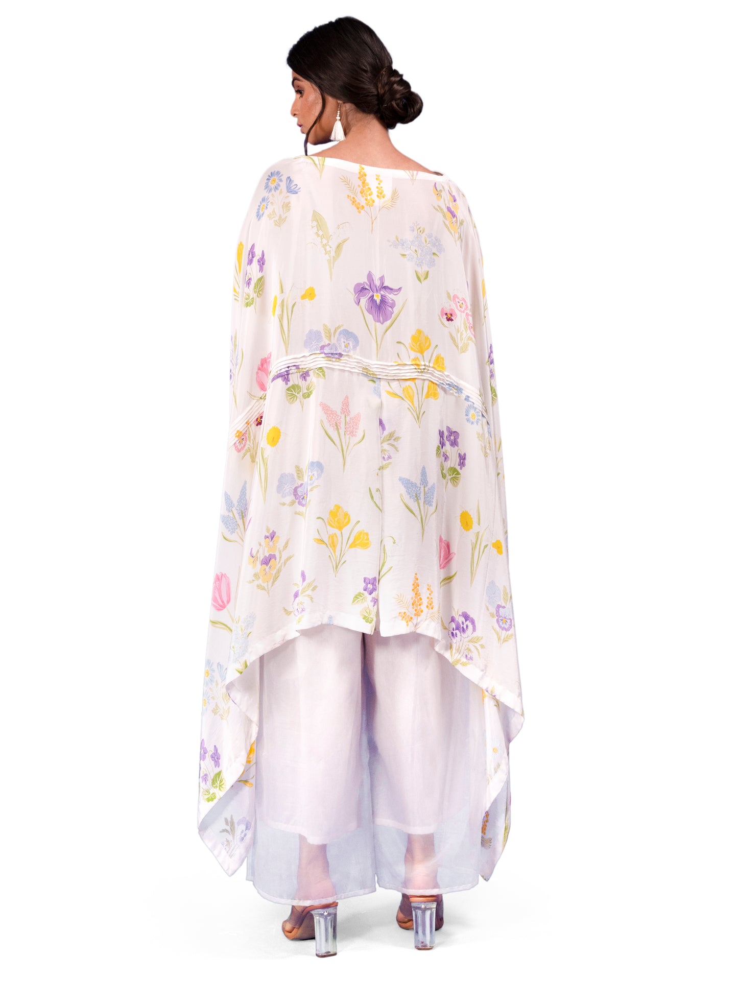 ASSORTED FLORAL PRINTED CAPE STYLE TUNIC WITH EMBROIDERY DETAILING TEAMED WITH ORGANZA LAYERED TROUSERS