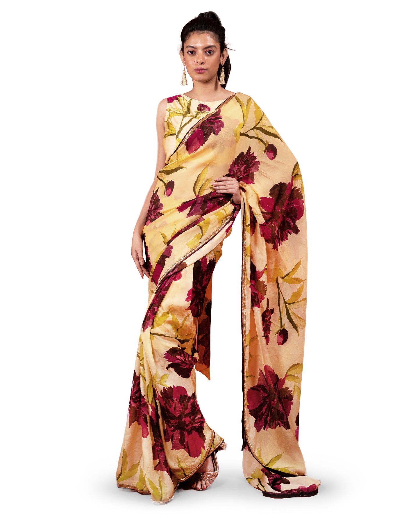 CHRYSANTHEMUM FLOWER PRINTED ORGANZA SAREE