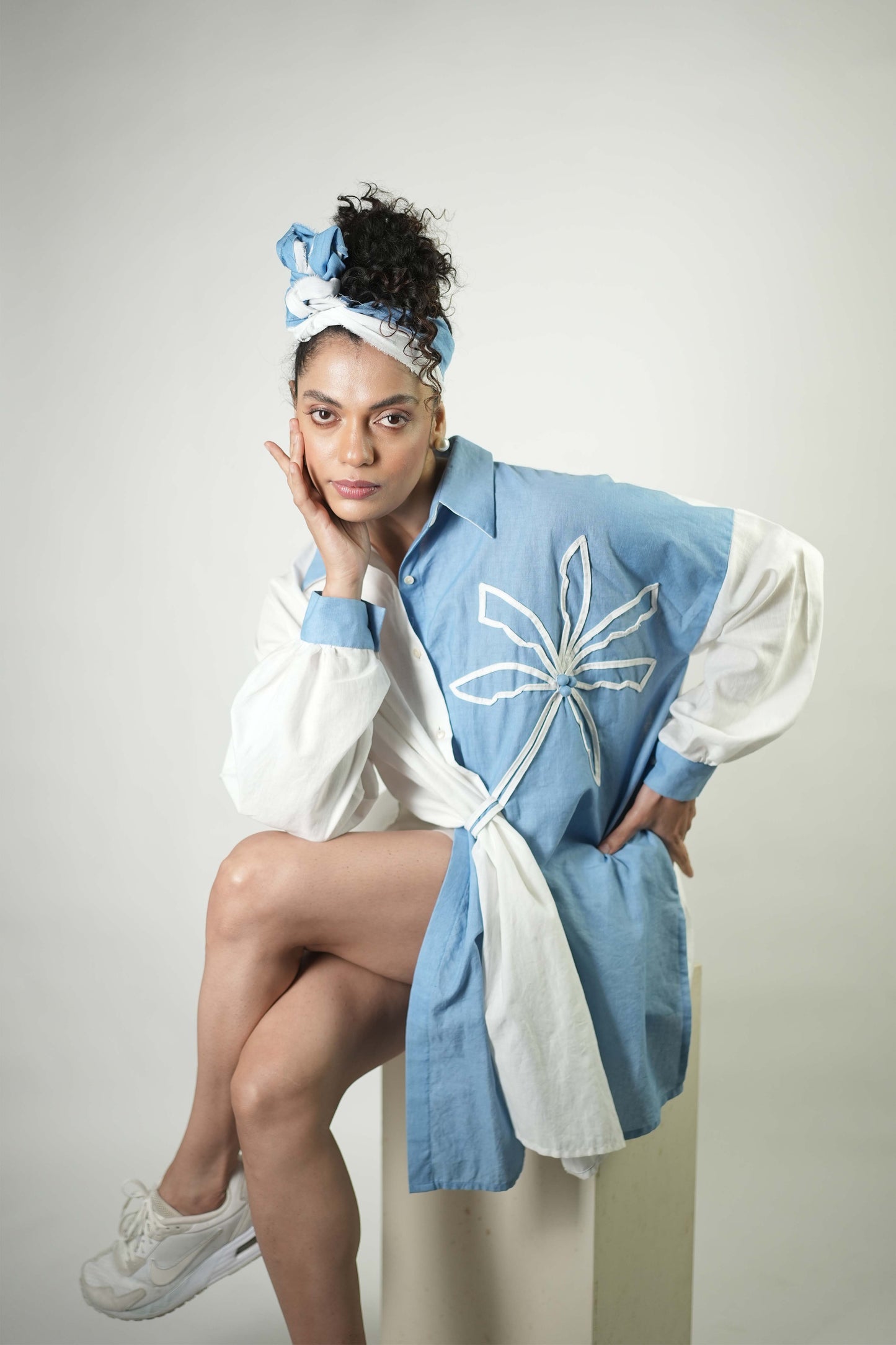 Hand stitched palm tree motif shirt dress