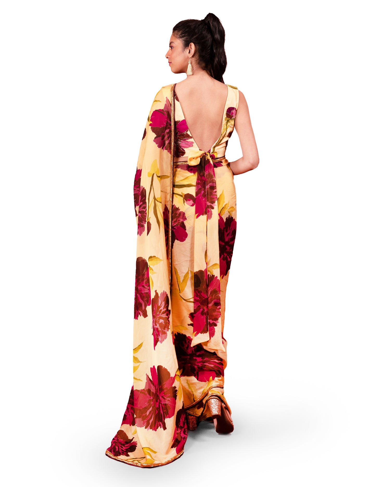 CHRYSANTHEMUM FLOWER PRINTED ORGANZA SAREE