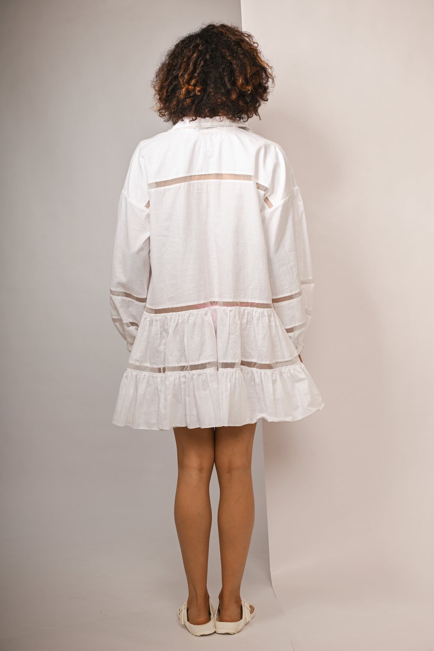 WHITE COTTON LINEN TIRED DRESS