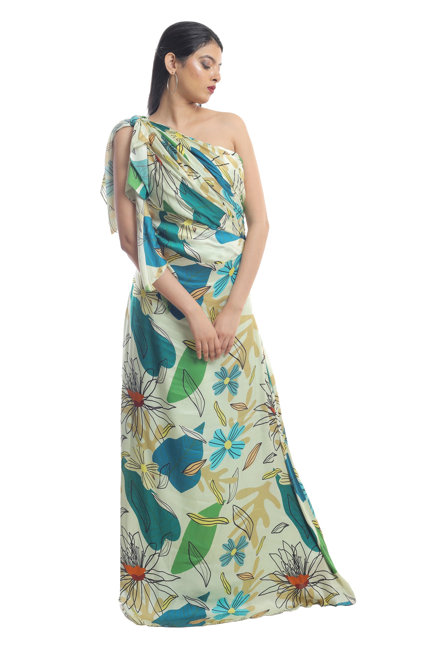 FLORAL PRINTED DRAPED LONG DRESS