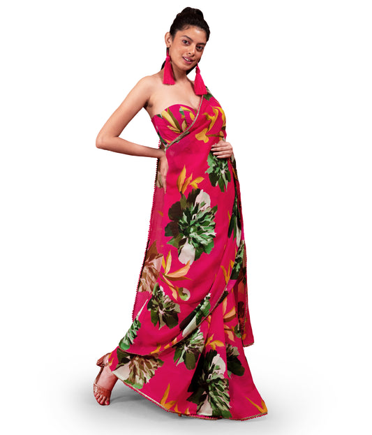 CHRYSANTHEMUM FLOWER PRINTED ORGANZA SAREE