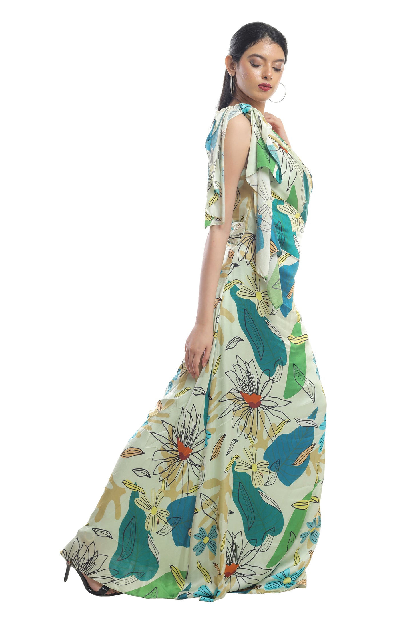 FLORAL PRINTED DRAPED LONG DRESS