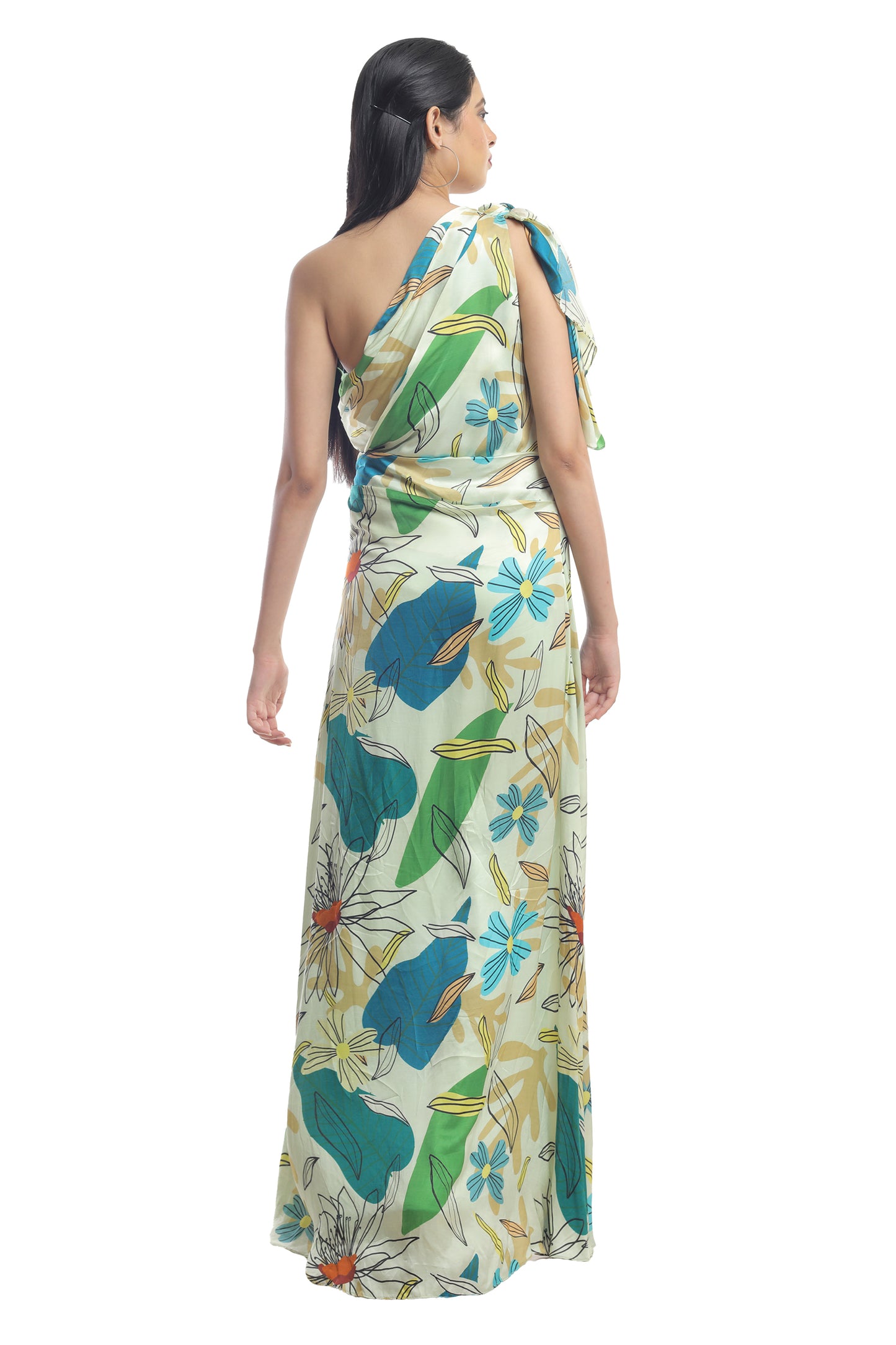 FLORAL PRINTED DRAPED LONG DRESS