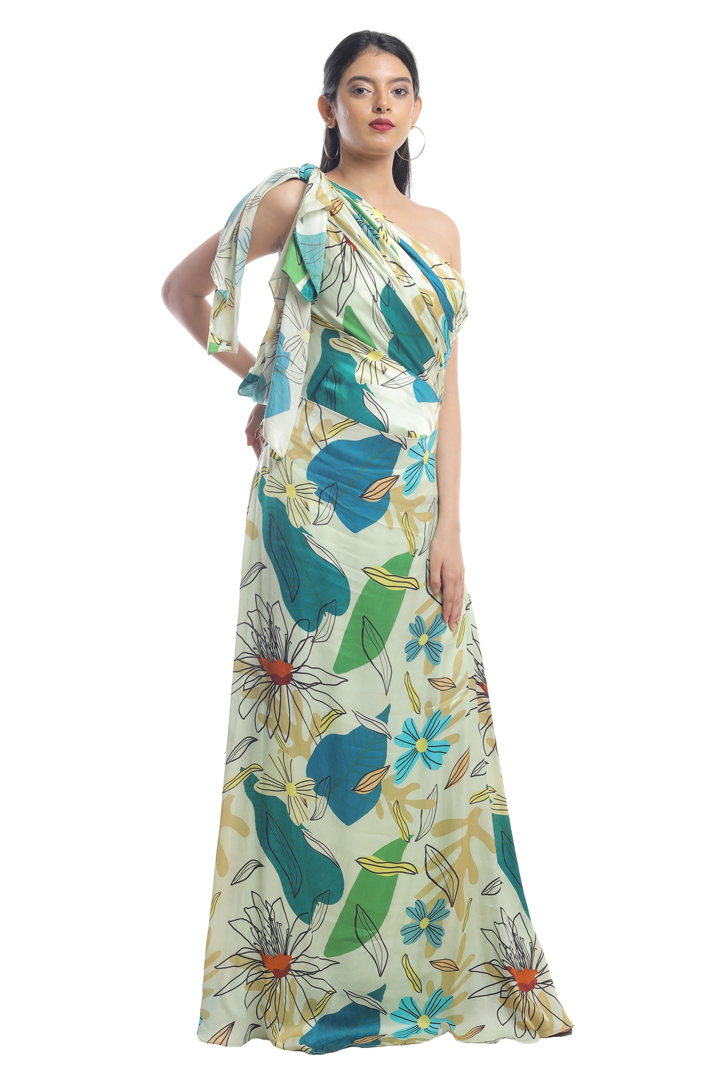 FLORAL PRINTED DRAPED LONG DRESS