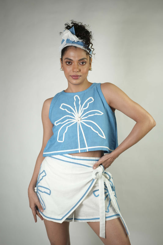 Hand stitched palm tree motif skort
