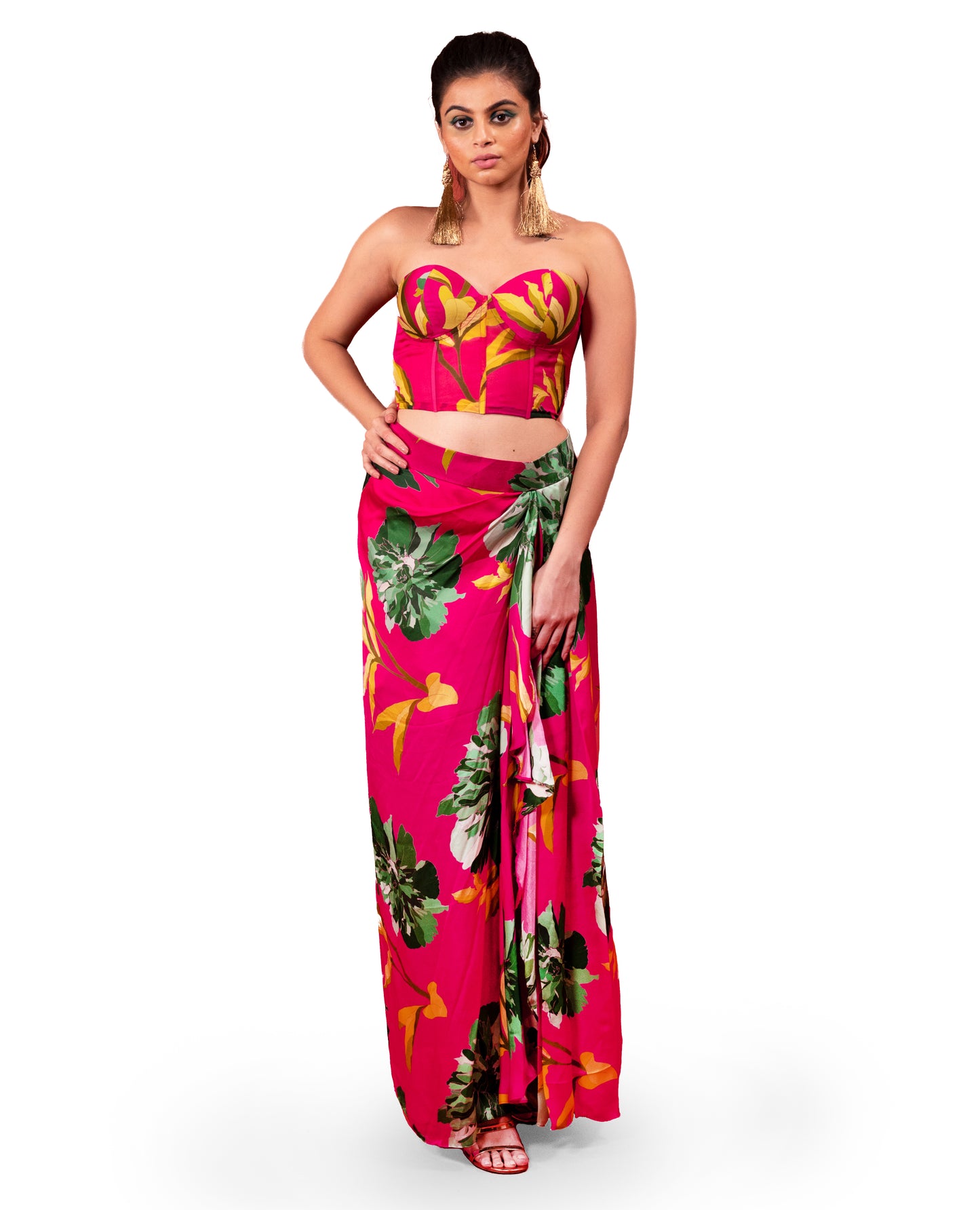 FLOWER PRINTED CORSET AND DRAPED SKIRT