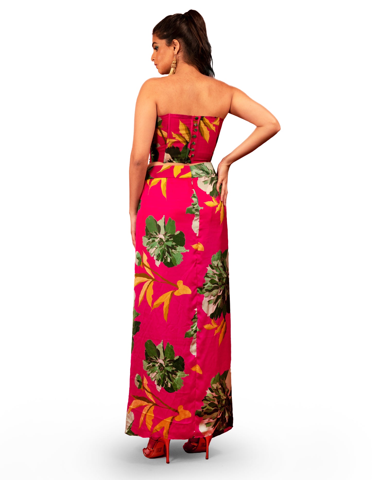 FLOWER PRINTED CORSET AND DRAPED SKIRT