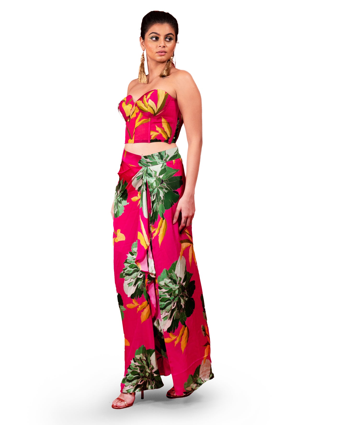 FLOWER PRINTED CORSET AND DRAPED SKIRT