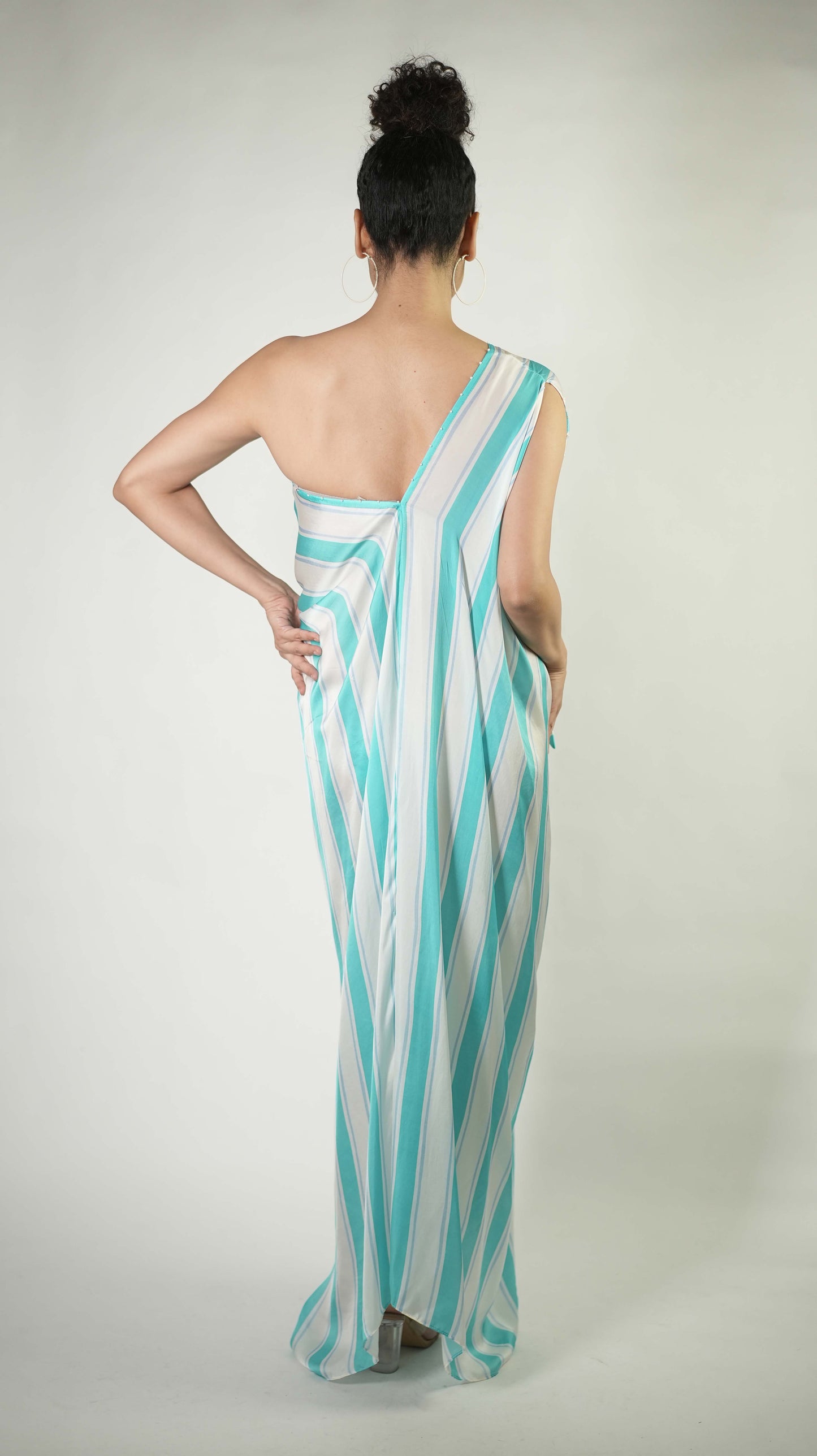 One-shoulder stripe wrap dress with tie up detailing